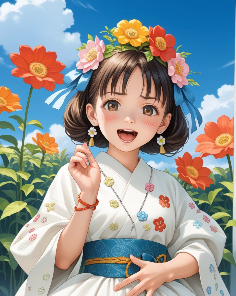 a 5-year-old child, muito fofa, chib desenho em 3d da Pixar, Very delicate and perfect strokes, Asian, Typical clothes, She's joking happily, sorridente.