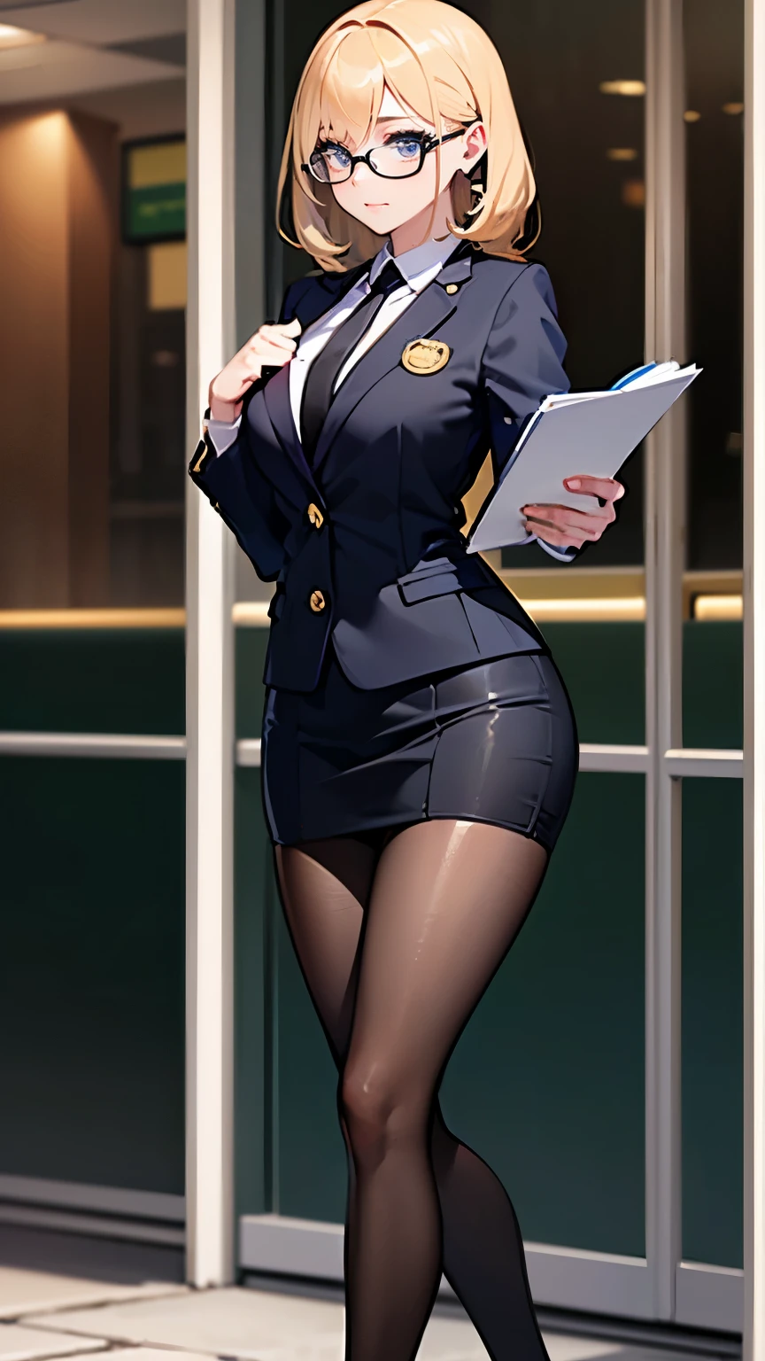 ((high detailed, best quality, 4k, masterpiece, hd:1.3)), BREAK night, window, moonlight, landscape, (in office), indoors, business office, office workers working in the office, many people are busy working, window, desk, chair, computer, ceiling light, Rosalina standing posing, BREAK neon blue eyes, seductive, attractive, sexy smile, smiling, smooth anime cg art, 36C breasts, (long fitness legs), vivid colors, detailed digital art, slim body, perfect skin, blonde hair, long hair, BREAK crown, cleavage, 36C cleavage, BREAK looking at viewer, extremely detailed face, navy_blue necktie, blue jacket, black shirt, blue pencil skirt, full body, (blue high heels), earrings, gem, dark black makeup lips, dark gothic eyeshadows, dark eyeshadows, black eyeshadows, black sexy lips, black lips, (dark:1.2), dark lips, very dark lips, (perfect hands, perfect ???????), black makeup, detailed fingers, five fingers per hand, 5 fingers, (1 girl), detailed lips, detailed black lips, black painted lips, gothic painted lips, (breast focus), (breasts out:1.3), (crossed arms:1.3),