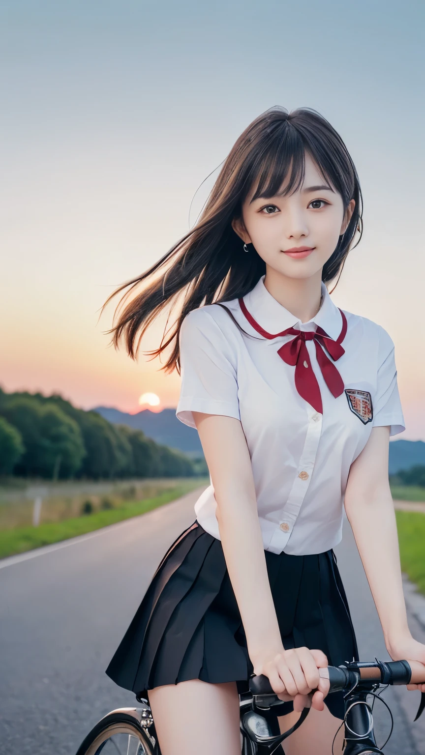 (Close up face shot of one slender small breasts two side up black medium hair bangs girl in short sleeves white school uniform and black skirt with small smile:1.5)、(One girl is cycling with high speed on the rural town road in Japan:1.5)、(Beautiful sunset red sky:1.5)、(blurred background:1.5)、(8k ultra detailed master piece:1.5)、(Natural lighting:1.5)、(perfect anatomy:1.5)、(Photorealistic stick:1.5)、(Raw photo:1.3)、(highest quality:1.5)、(High resolution:1.3)、(Delicate and beautiful perfect face:1.3)、(Delicate and beautiful eye air skin:1.3)、(Real Human Skin:1.3)、((thin legs))