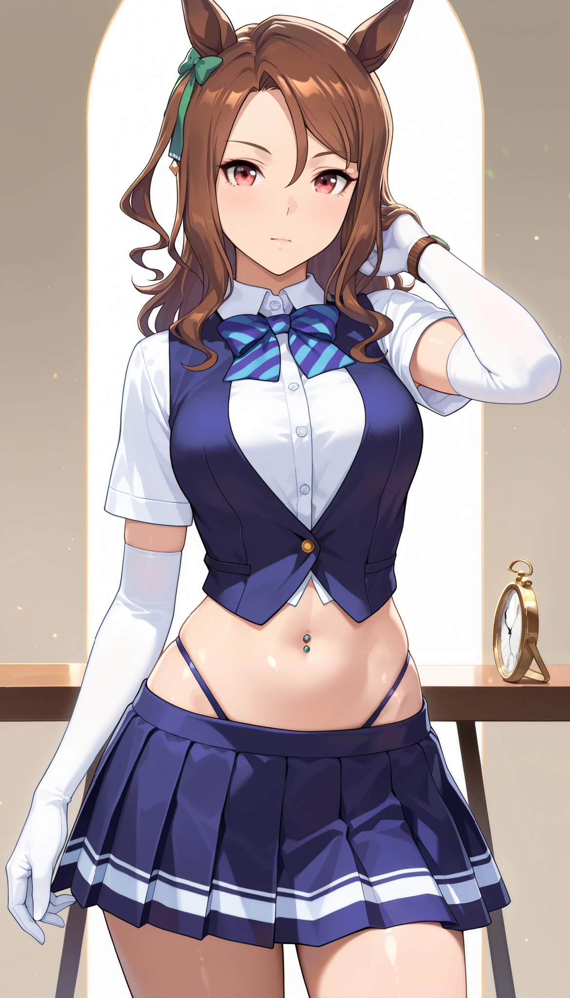 ( masterpiece), (TOP QUALITY), (Ultra High Definition), great quality, very aesthetic, 's illustration , perfect configuration, intricate details, is ridiculous, incredibly is ridiculous, shiny skin that is creating, realistic, , King Halo (Uma Musume), 1 girl, horse ears, Mahogany, watch viewers, school uniform,, bow tie,Chest,eyeliner, long hair,big hips, elbow gloves , Hand in Hair, piercing above spo,belly button,earrings, Floral ,high leg thong, skirt、15-year-old girl、(is short:1.5)