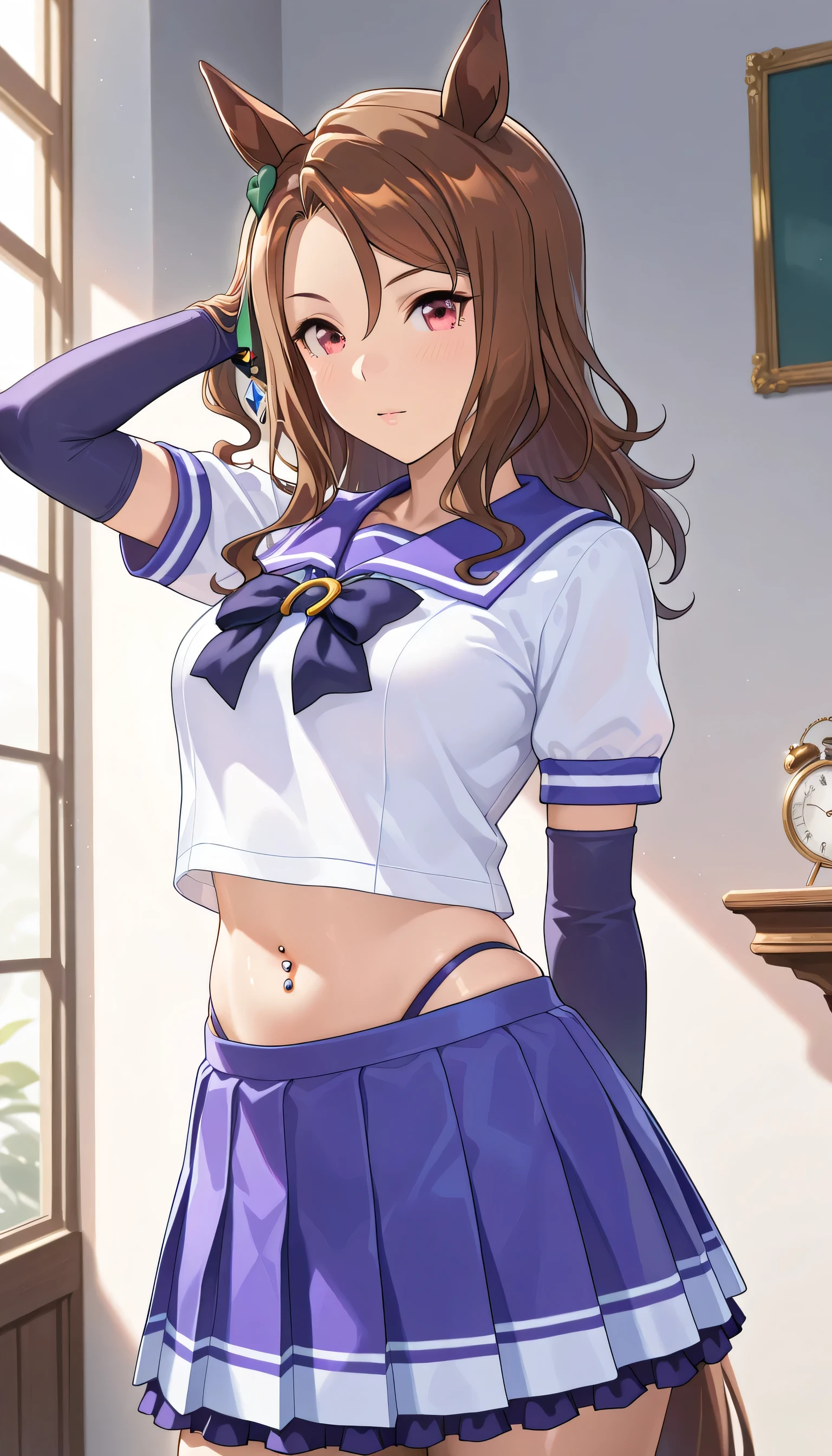 ( masterpiece), (TOP QUALITY), (Ultra High Definition), great quality, very aesthetic, 's illustration , perfect configuration, intricate details, is ridiculous, incredibly is ridiculous, shiny skin that is creating, realistic, , King Halo (Uma Musume), 1 girl, horse ears, Mahogany, watch viewers, school uniform,, bow tie,Chest,eyeliner, long hair,big hips, elbow gloves , Hand in Hair, piercing above spo,belly button,earrings, Floral ,high leg thong, skirt、-yeld gi(is short:1.5)