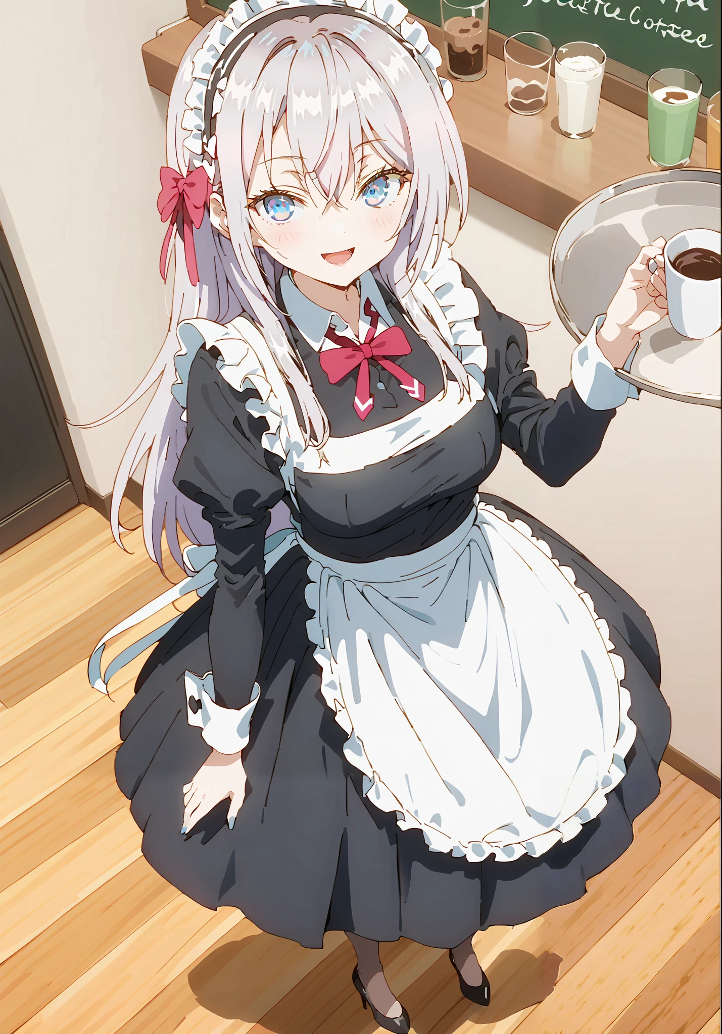 score_9, score_8_up, score_7_up, source_anime, Alisa Mikhailovna Kujo,Alone, long hair, bangs, blue eyes, hair bow, stupid hair, gray hair, smile,blush,open your mouth,Big Breasts,Maid服, Black long skirt, black pantyhose, stiletto heels,Maid head ドレス, Maid apron, Maid Dress,Maid, Maid outfit,Tray, Tray in one hand,standing,full bodyがイラストに入るように, break indoors, coffee shop,
break looking at viewer,full body,
break (masterpiece:1.2),TOP QUALITY , kampala, Unity 8K Wallpaper ,(shape:0.8),( fine, beautiful eyes :1.6),It's a person ,full body写真,CG Details , ( perfect hands,Complete Anatomy),
