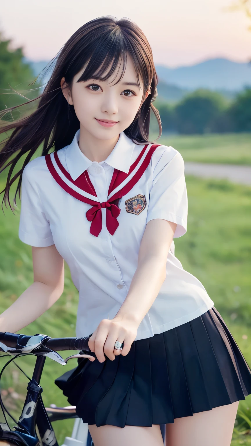 (Close up face shot of one slender small breasts two side up black medium hair bangs girl in short sleeves white school uniform and black skirt with small smile:1.5)、(One girl is cycling with high speed on the rural town road in Japan:1.5)、(Beautiful sunset red sky:1.5)、(blurred background:1.5)、(8k ultra detailed master piece:1.5)、(Natural lighting:1.5)、(perfect anatomy:1.5)、(Photorealistic stick:1.5)、(Raw photo:1.3)、(highest quality:1.5)、(High resolution:1.3)、(Delicate and beautiful perfect face:1.3)、(Delicate and beautiful eye air skin:1.3)、(Real Human Skin:1.3)、((thin legs))