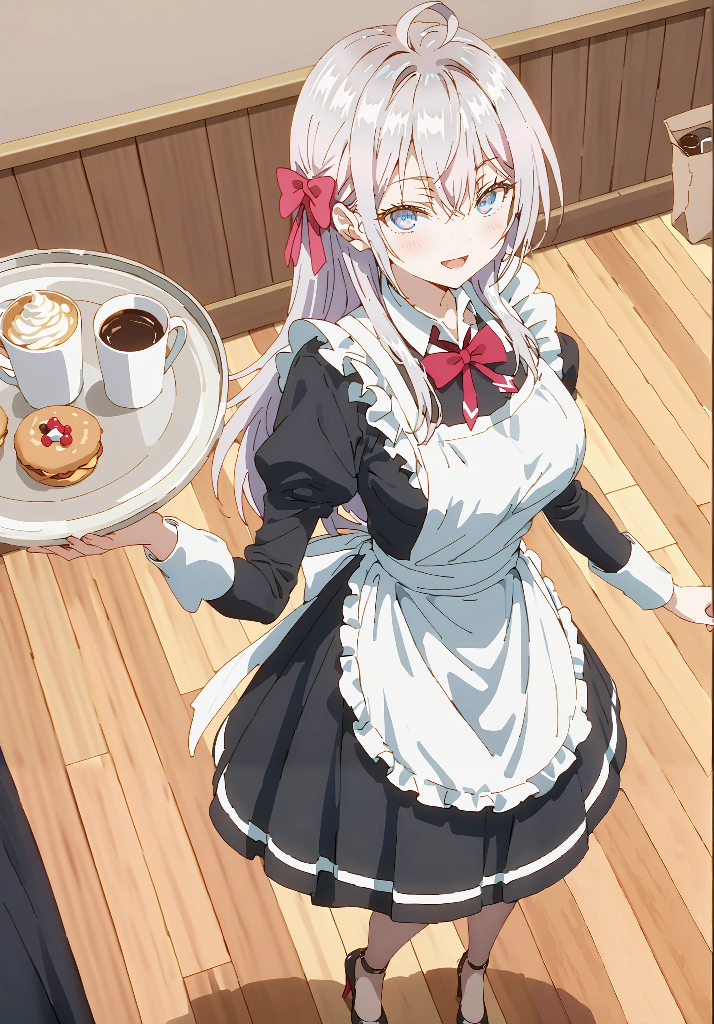 score_9, score_8_up, score_7_up, source_anime, Alisa Mikhailovna Kujo,Alone, long hair, bangs, blue eyes, hair bow, stupid hair, gray hair, smile,blush,open your mouth,Big Breasts,Maid服, Black long skirt, black pantyhose, stiletto heels,Maid head ドレス, Maid apron, Maid Dress,Maid, Maid outfit,Tray, Tray in one hand,standing,full bodyがイラストに入るように, break indoors, coffee shop,
break looking at viewer,full body,
break (masterpiece:1.2),TOP QUALITY , kampala, Unity 8K Wallpaper ,(shape:0.8),( fine, beautiful eyes :1.6),It's a person ,full body写真,CG Details , ( perfect hands,Complete Anatomy),