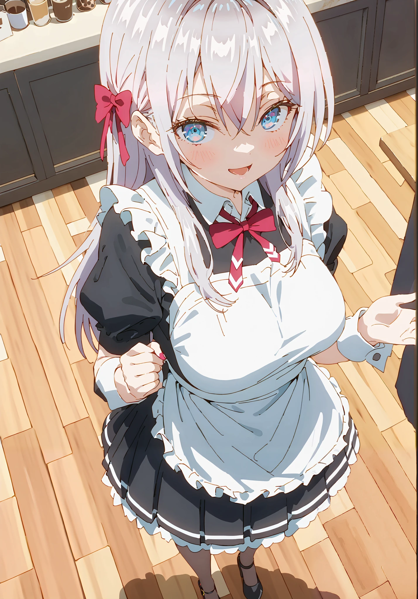 score_9, score_8_up, score_7_up, source_anime, Alisa Mikhailovna Kujo,Alone, long hair, bangs, blue eyes, hair bow, stupid hair, gray hair, smile,blush,open your mouth,Big Breasts,Maid服, Black long skirt, black pantyhose, stiletto heels,Maid head ドレス, Maid apron, Maid Dress,Maid, Maid outfit,Tray, Tray in one hand,standing,full bodyがイラストに入るように, break indoors, coffee shop,
break looking at viewer,full body,
break (masterpiece:1.2),TOP QUALITY , kampala, Unity 8K Wallpaper ,(shape:0.8),( fine, beautiful eyes :1.6),It's a person ,full body写真,CG Details , ( perfect hands,Complete Anatomy),