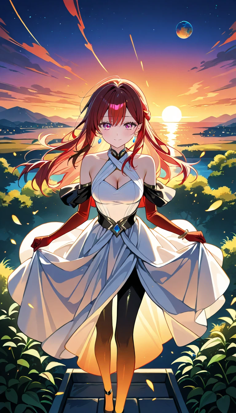 In the vibrant world of anime, there exists a captivating young woman who embodies elegance and grace. With her long, flowing hair reminiscent of the brilliant hues of autumn leaves, she captivates the hearts of those who lay eyes on her. Her hair cascades down her back like a waterfall of fiery red, each strand dancing in harmony with the wind.
Her eyes, the color of deep rubies, hold a mysterious allure that draws people in. Within those crimson depths, one can glimpse a mix of determination and kindness, an unspoken story waiting to be discovered. Her gaze is both intense and gentle, as if she understands the complexities of the world around her.
Adorned in a attire that blends modern fashion with timeless elegance, she wears a flowing dress that mirrors the colors of a sunset sky. The fabric seems to shimmer as she moves, reflecting the light in a mesmerizing display. Delicate patterns and intricate embroidery adorn the edges of her clothing, showcasing her attention to detail and appreciation for beauty.
Her aura exudes a sense of tranquility, as if she holds a deep connection with nature and the elements. When she walks, it's as if the very ground beneath her feet rejoices in her presence. The gentle swaying of her hips and the soft rustle of her dress create a melody that lingers in the hearts of those fortunate enough to witness her passage.
With a personality that radiates warmth, she is the embodiment of compassion and strength. She possesses a quiet confidence that comes from understanding her own worth and the impact she can make on the world. Her laughter is like a melody that uplifts the spirits of everyone around her, and her words carry a wisdom that belies her youthful appearance.
In the world of anime, this captivating character stands as a symbol of beauty, both in appearance and in spirit. With her long, red hair and captivating red eyes, she is a true work of art, a creation that captures the imagination and leaves a lasting impression on a
