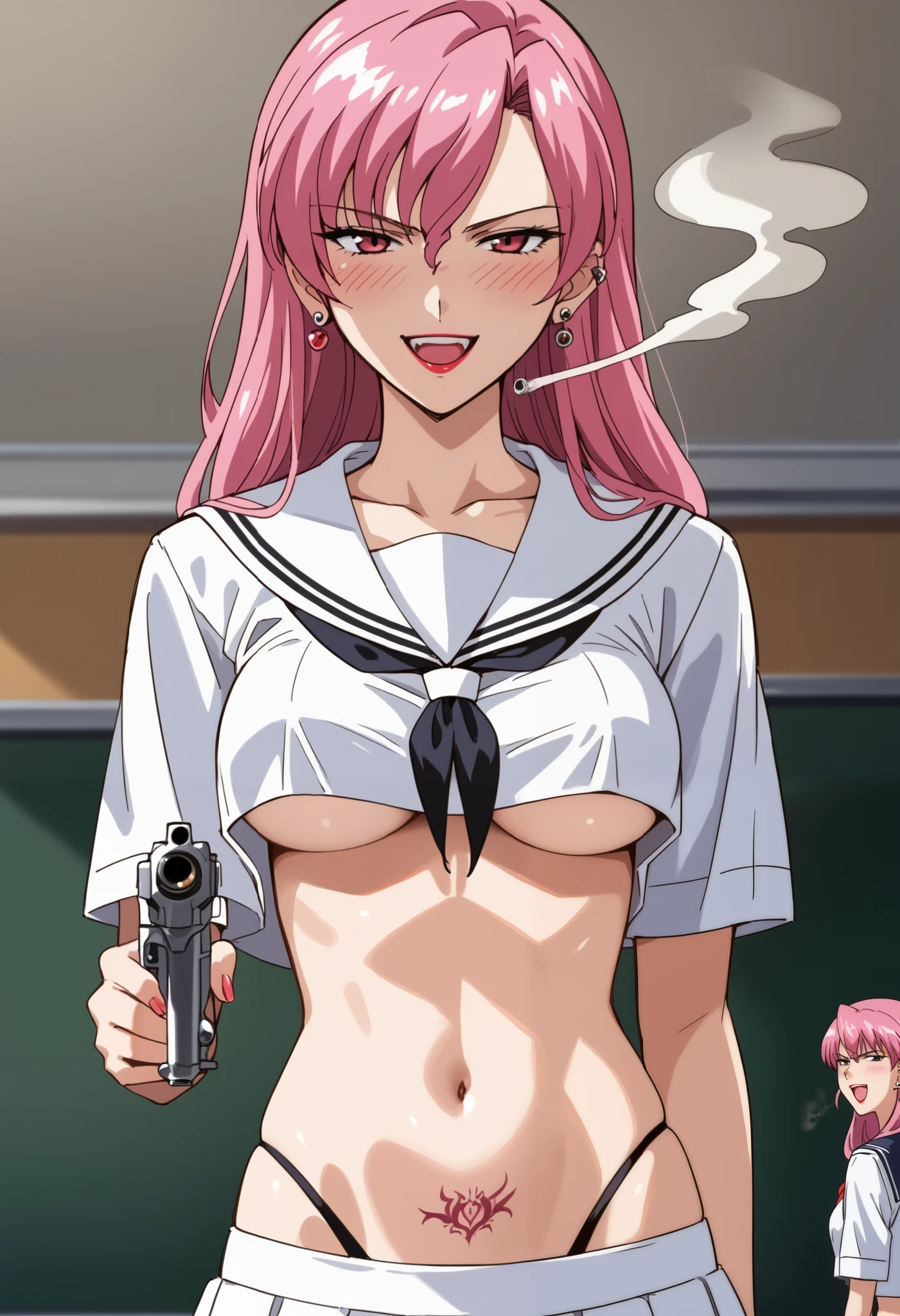 flarearlgrandejioral, flare arlgrande jioral, long hair, (green eyes:1.5), pink hair, hair between eyes,
blush, lipstick, Hot girl, baddie, staring, glaring, bad attitude, mean girl, dare, angry, hate, crazy, smoking, sensual, attractive, masterpiece, best quality, highly detailed, a anime girls in sailor uniforms with a gun posing for a picture,
evil smile, smile,black_serafuku, ecchi anime style, anime girls , (nsfw) not safe for work,
ecchi style, ecchi, shipgirls, digital anime art!!, high school girls, holding a gun, hold a gun, anime style 4
k, micro skirt, exposed belly, exposed navel, exposed midriff, holding pistol,underboob,
exposed lower belly,school, classroom