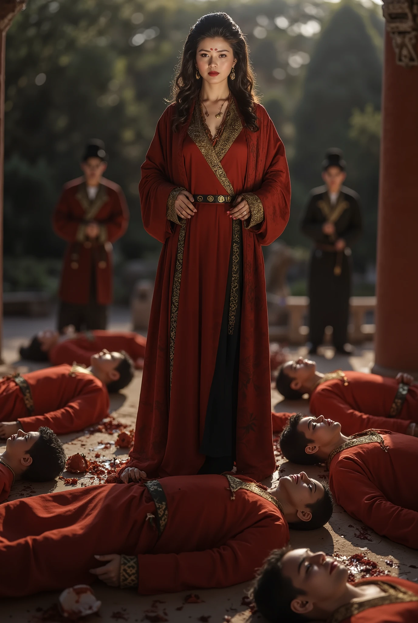Very beautiful woman, woman 50-55 year old, woman very thick hair, boy white ninja, boy dead, 5 boy bodies lying lifeless, Fresh blood flowed down in boy throat, very big breast woman, boy full face mask ninja