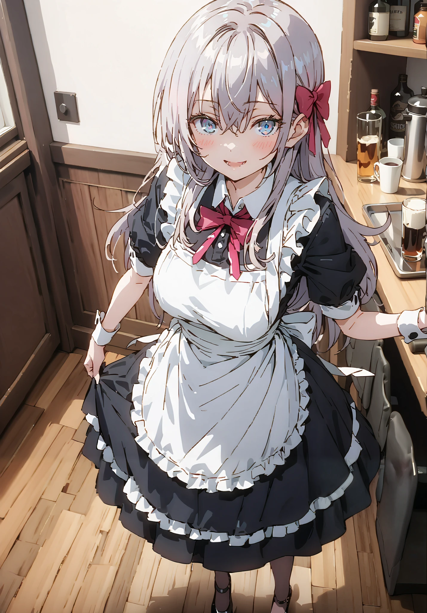 score_9, score_8_up, score_7_up, source_anime, Alisa Mikhailovna Kujo,Alone, long hair, bangs, blue eyes, hair bow, stupid hair, gray hair, smile,blush,open your mouth,Big Breasts,Maid服, Black long skirt, black pantyhose, stiletto heels,Maid head ドレス, Maid apron, Maid Dress,Maid, Maid outfit,Tray, Tray in one hand,standing, table,chair, counter to make alcohol,full bodyがイラストに入るように, break indoors, coffee shop,
break looking at viewer,full body,
break (masterpiece:1.2),TOP QUALITY , kampala, Unity 8K Wallpaper ,(shape:0.8),( fine, beautiful eyes :1.6),It's a person ,full body写真,CG Details , ( perfect hands,Complete Anatomy),