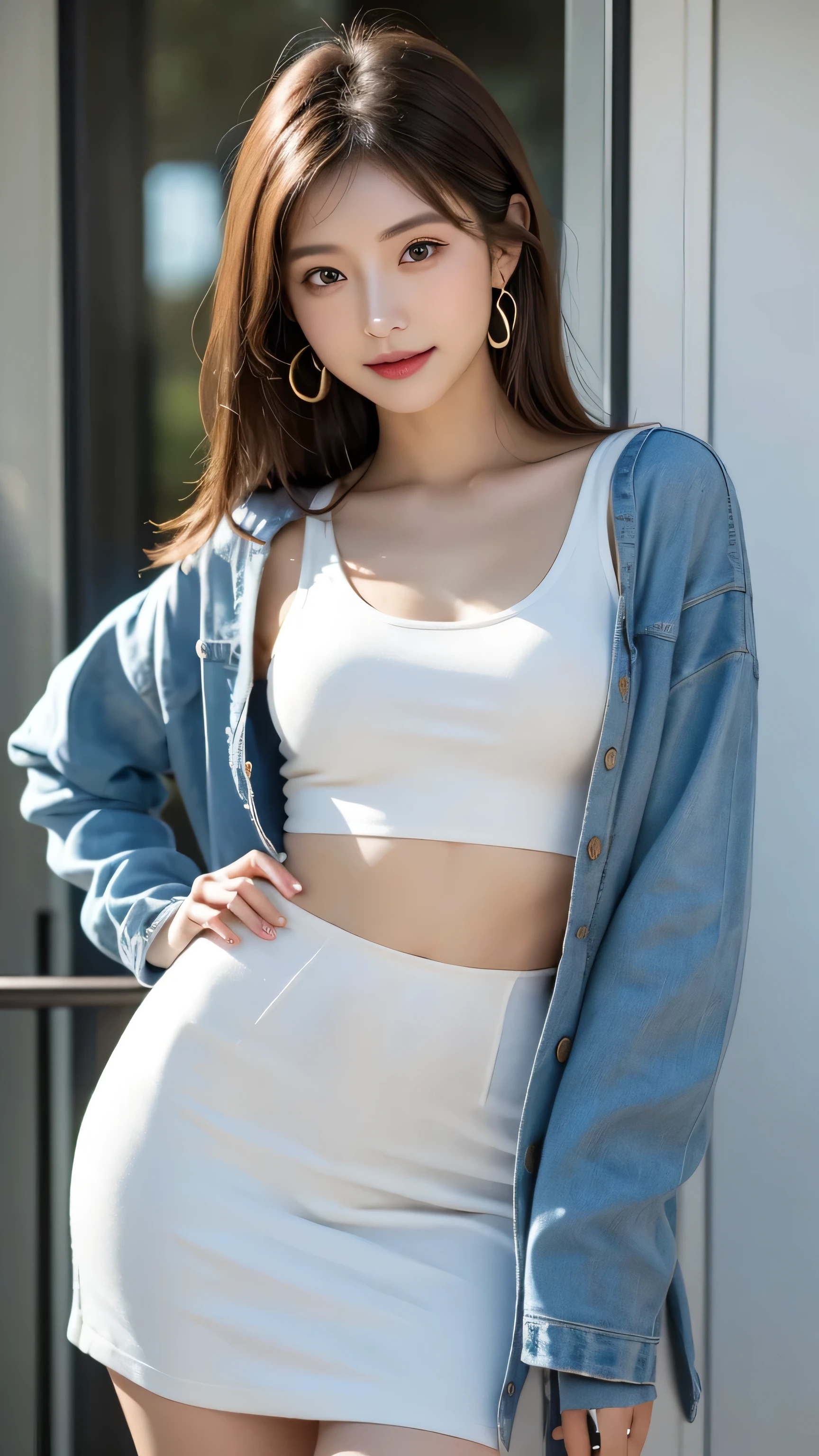 A cute korean woman, beauty korean woman, pretty korean woman, tall figure, flowy blonde hair, natural make-up, perfect body shape, natural gigantic breasts, braless, wearing white tube top shirt with spandex and ripped short jeans, stilettos, high heels, long legs, standing and open legs, show armpit, full body, front view, night, shopping at large mall, dynamic light, masterpiece, ultra detailed, movie scene, dramatic photo, perspective, vignette, cinematic