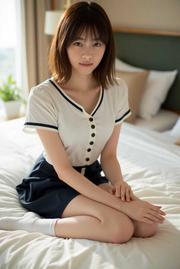 (RAW shooting:1.2)、(realistic:1.4)、(masterpiece:1.3)、(highest quality:1.ung japanese woman、(cute:1.2)、wearing high school uniform、Impossibly short skirt、very cute face、blush、shy smile、(sluttyYShirt and dark blue micro mini pleated skirt:1.3)、(Medium chest:1.3)、(cleavage)、(erect nipples:1.2)、sexy pose、(Try it yourself Skirt lift)、(showing panties:1.3)、panties、pantiesフォーカス、(sit、raise your legs:1.2)、(clear focus:1.2)、(cute woman with perfect figure:1.4)、best smile、(layered haircut:1.2)、thin、shiny skin、Highly detailed face and skin texture、fine eyes、double eyelid、カメラに見えるpanties、Angle looking up from below、Low - Angle、(very sexy:1.3)、Bokeh、obscene、erotic