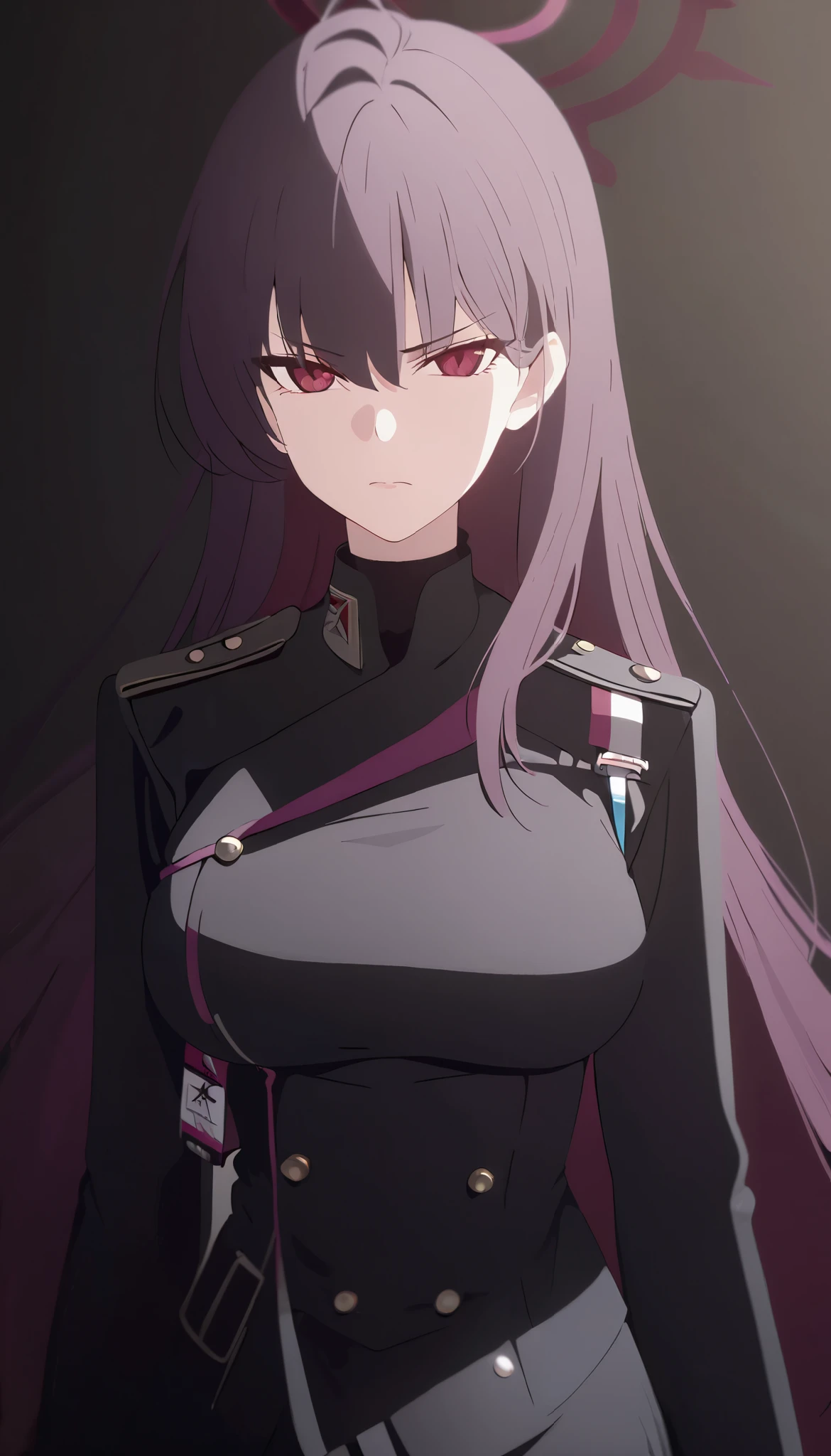 masterpiece, best quality, solo, 1girl, mature, dark magenta hair, long hair, red eye, dark magenta halo, medium breast, black uniform, standing, looking at viewer, calm, reserved, serious, black background only