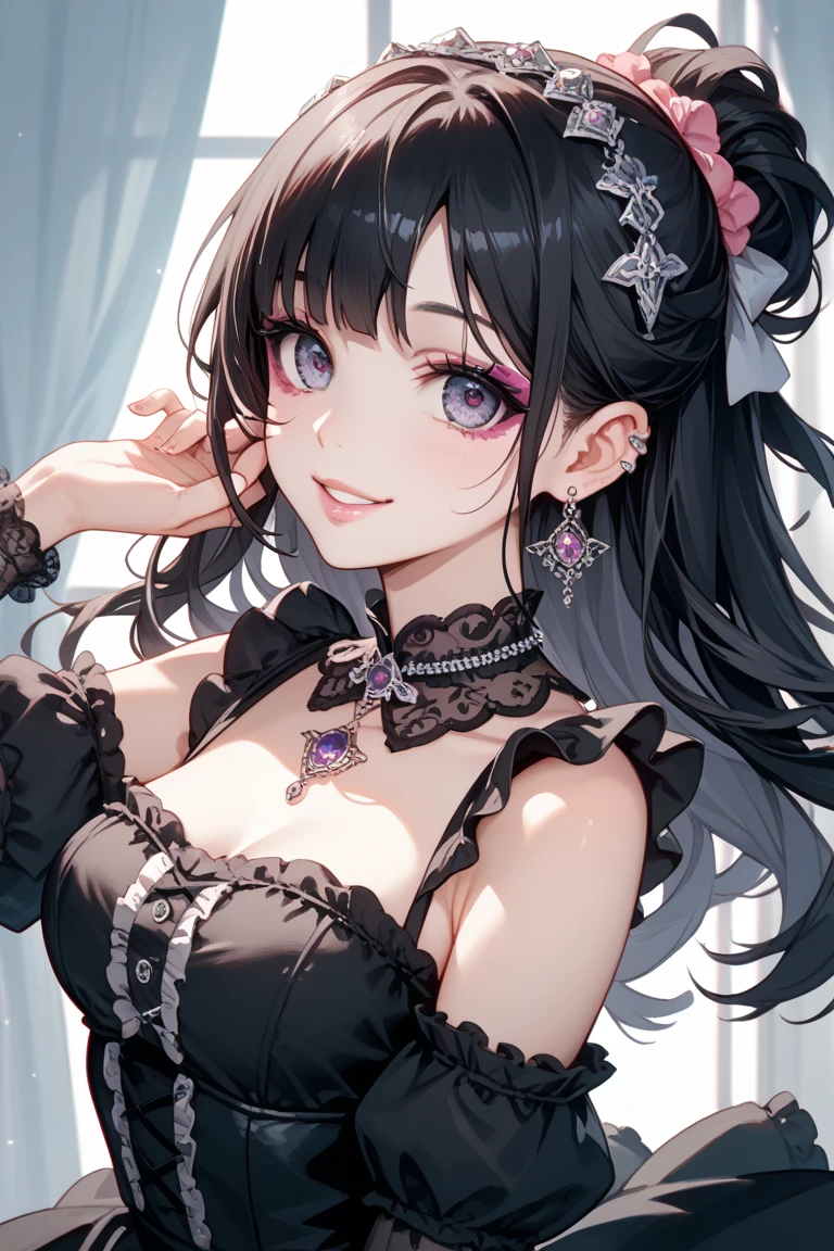 Highest quality,Highest Resolution,Sexy black gothic lolita opens her mouth and drools while shedding tears,Bedroom,Big purple eyes,