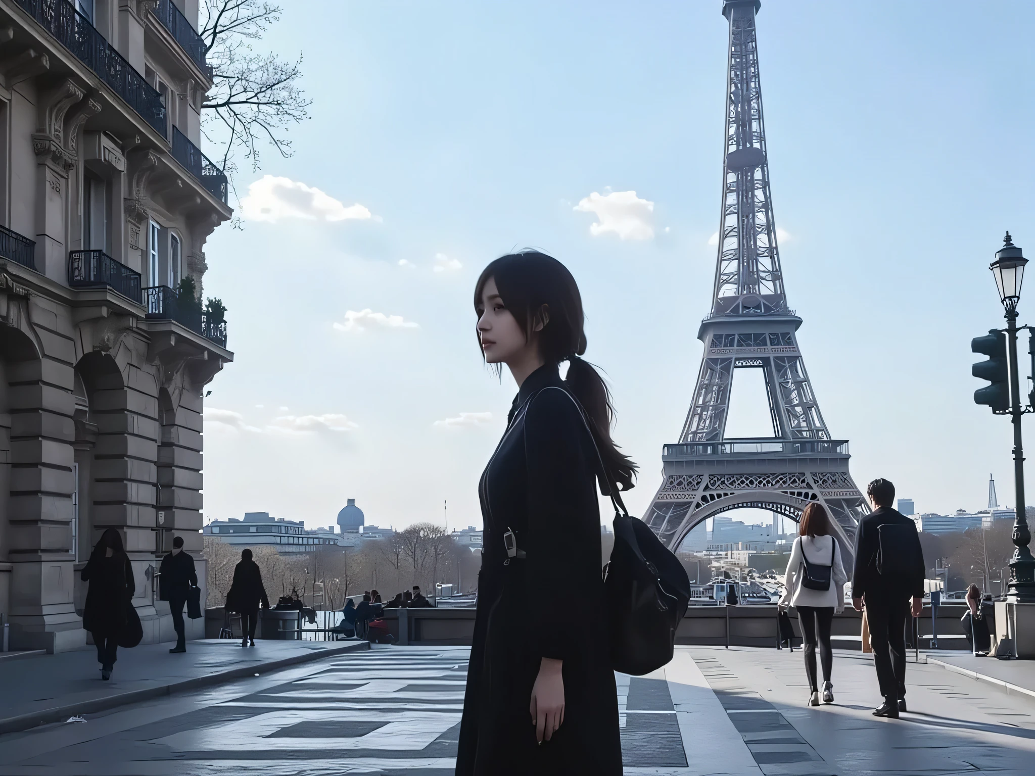 A beautiful Japanese student，Walking on the streets of the Iron Tower of Paris，front face， Modern Clothing 