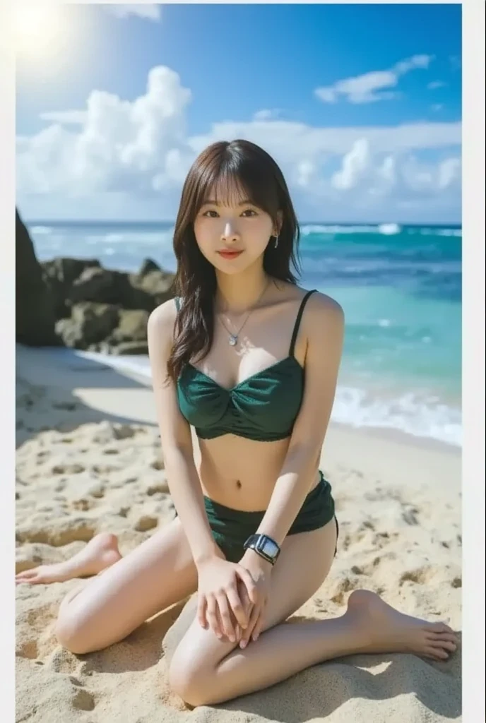 Korean girl, Full HD image, pretty face, small nose, big breasts, medium waist, athletic body, green bikini, beach in the summer sun, beach chair and umbrella in the background and the sea