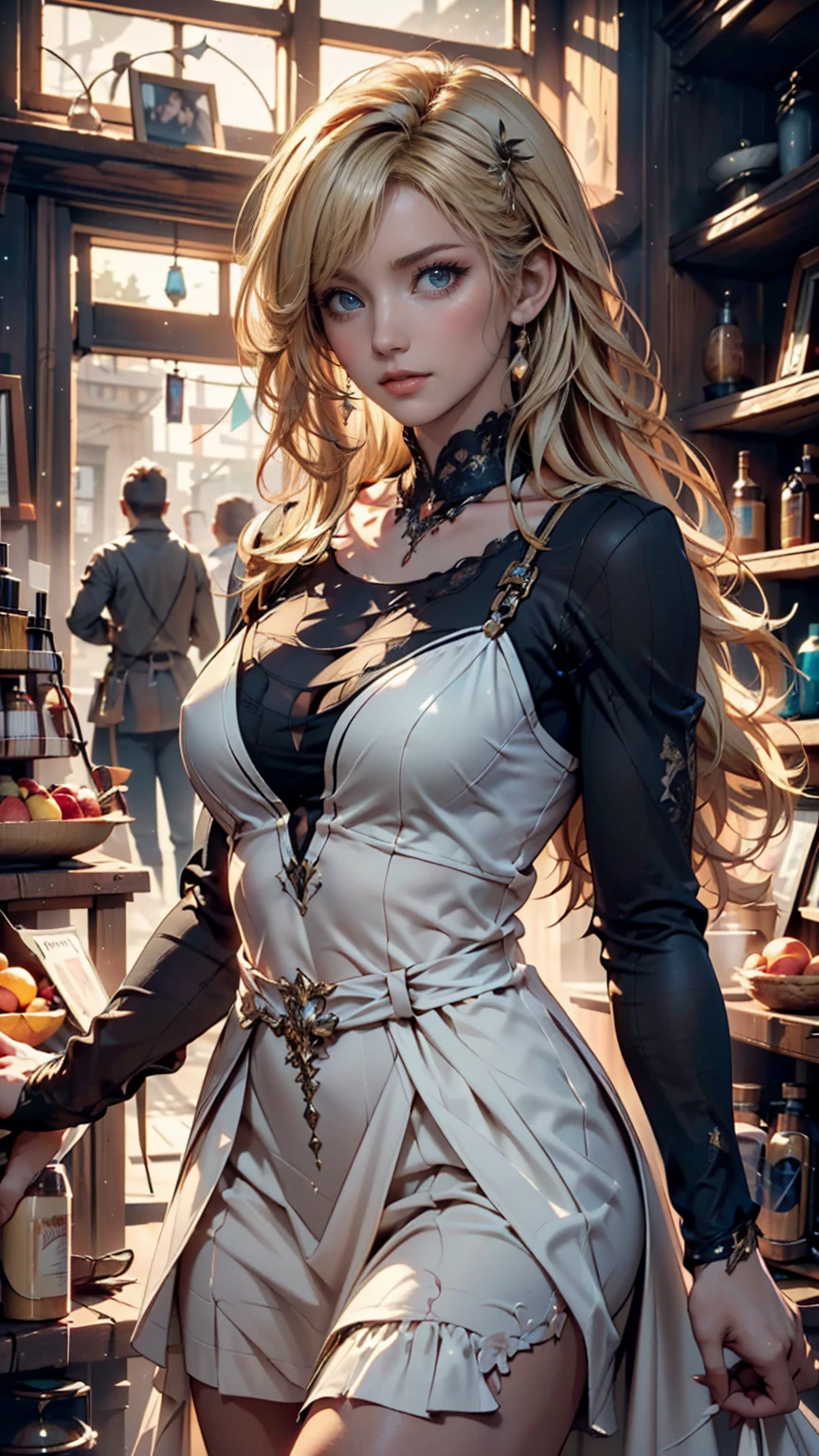 (Masterpiece, best quality, intricate details, 1sologirl) iron collar, arms behind back, iron cuffs, shackles, bound ((standing by wooden pole:1.2)) looking from above happy closed mouth, (Female drow elf chest covered very purple skin)(smile) pale golden hair and violet eyes. They prefer clothing of white and silver with cloaks of deep blue or purple, village background, huge knockers, ((very precise detailed)), ((high res)