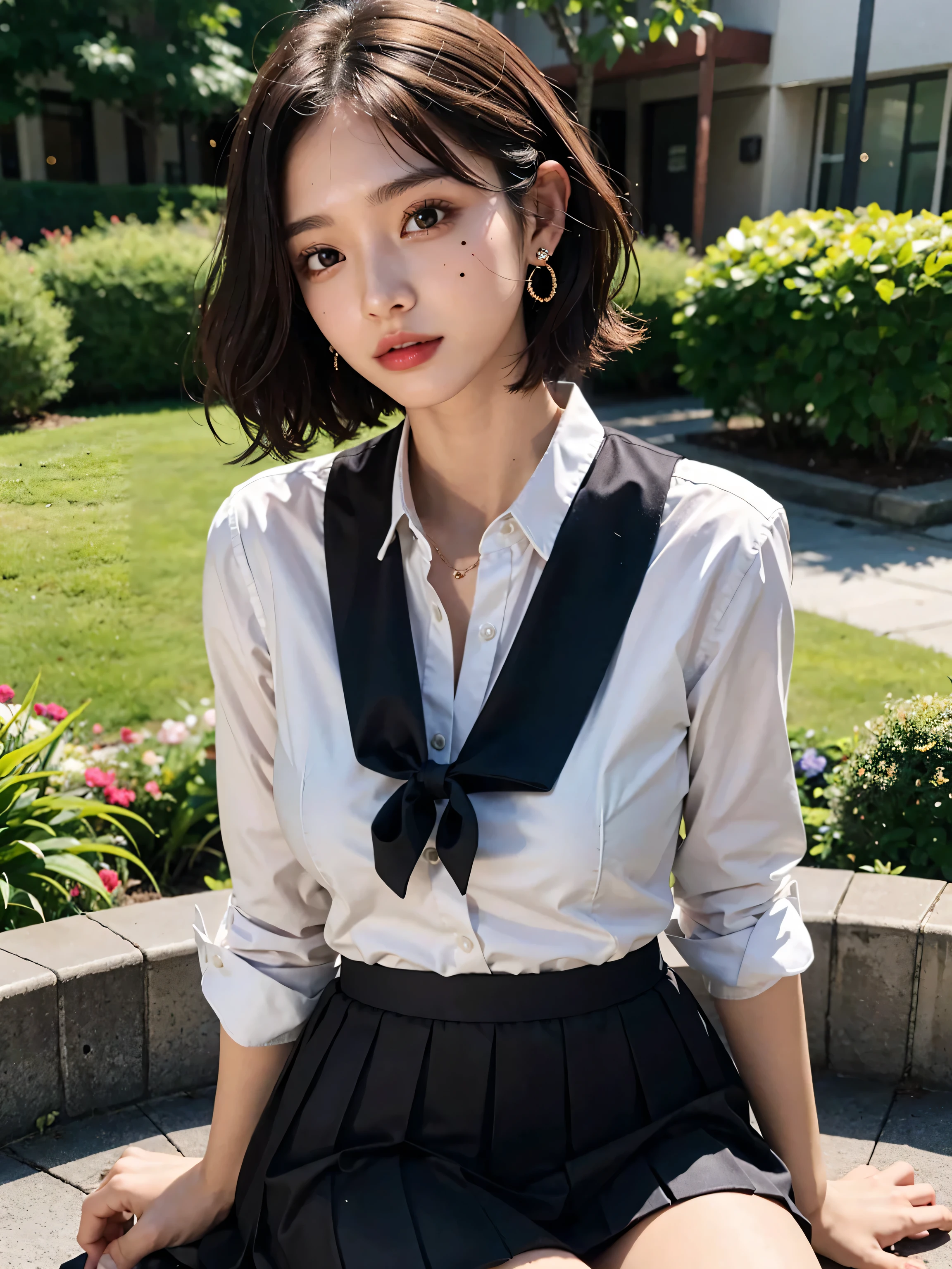 ,1 girl,black_bow,black_collar,bow,chest,Brown_bow,Brown_eye,Brown_hair,collar,Earrings,hair_bow,jewelry,lips,length_hair,Looking_are present_audience,pleare presented_skirt,Actual,School_uniform,shirt,Sitting,skirt,alone,yellow_bow,_skirt,huge chest,Charm,Looking into camera,chestの谷間を見せる,v collar,Super sexy、((Sexy panties in full view:1.2))、((Spread your legs wide:1.2))