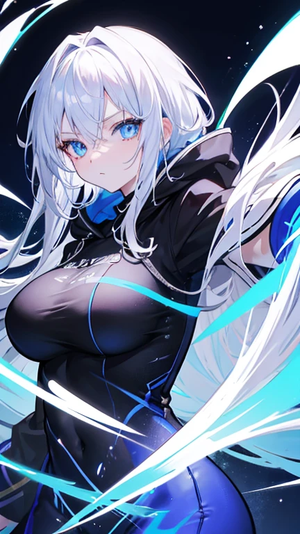 Sans Undertale Blue Jacket ,Fire eyes skull smile white long hair glowing snow sexy big breasts breast enlargement full-body shot