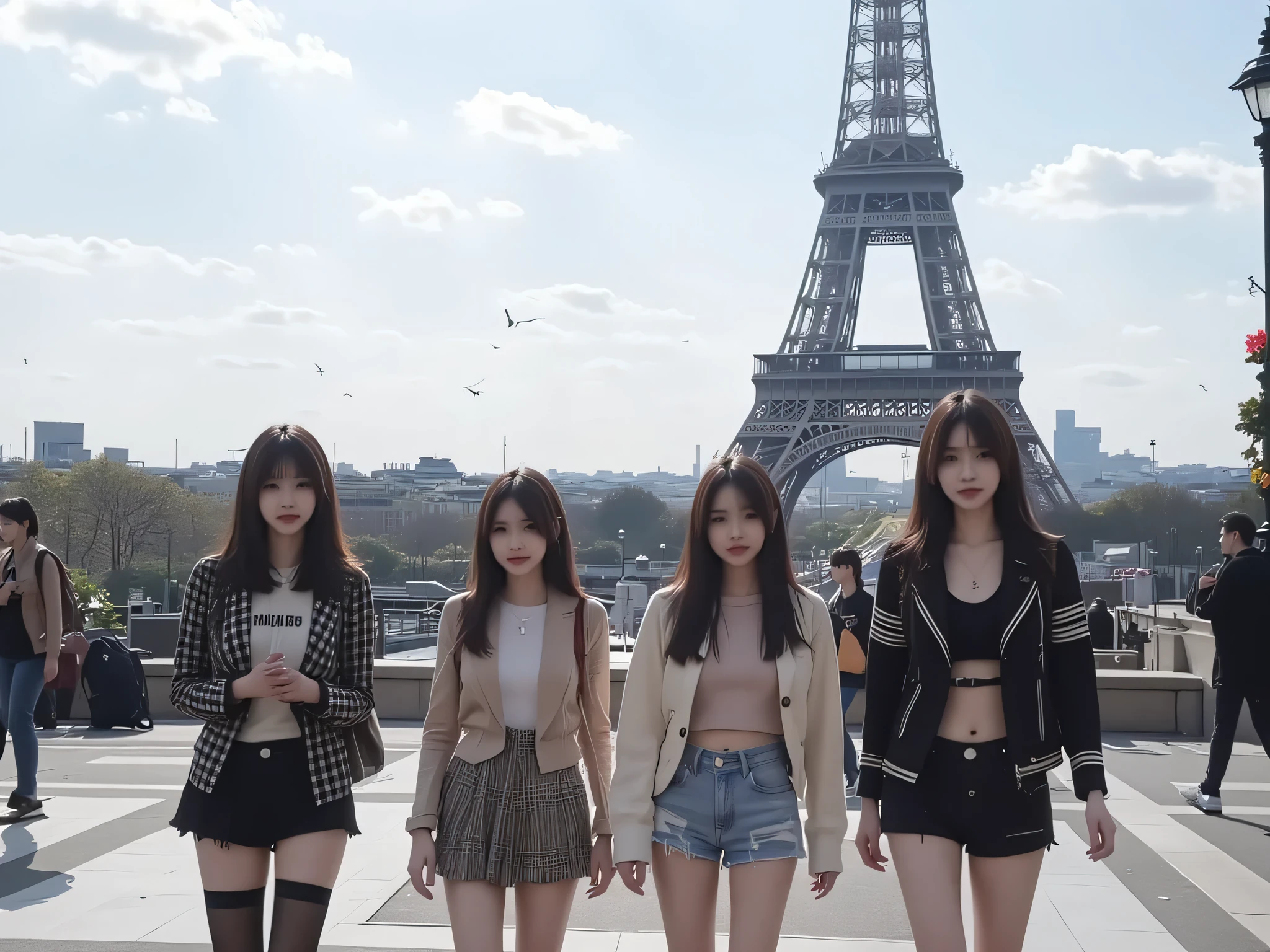 Beautiful Japanese students，walk the streets of the Eiffel Tower，Front，  Modern Outfits 