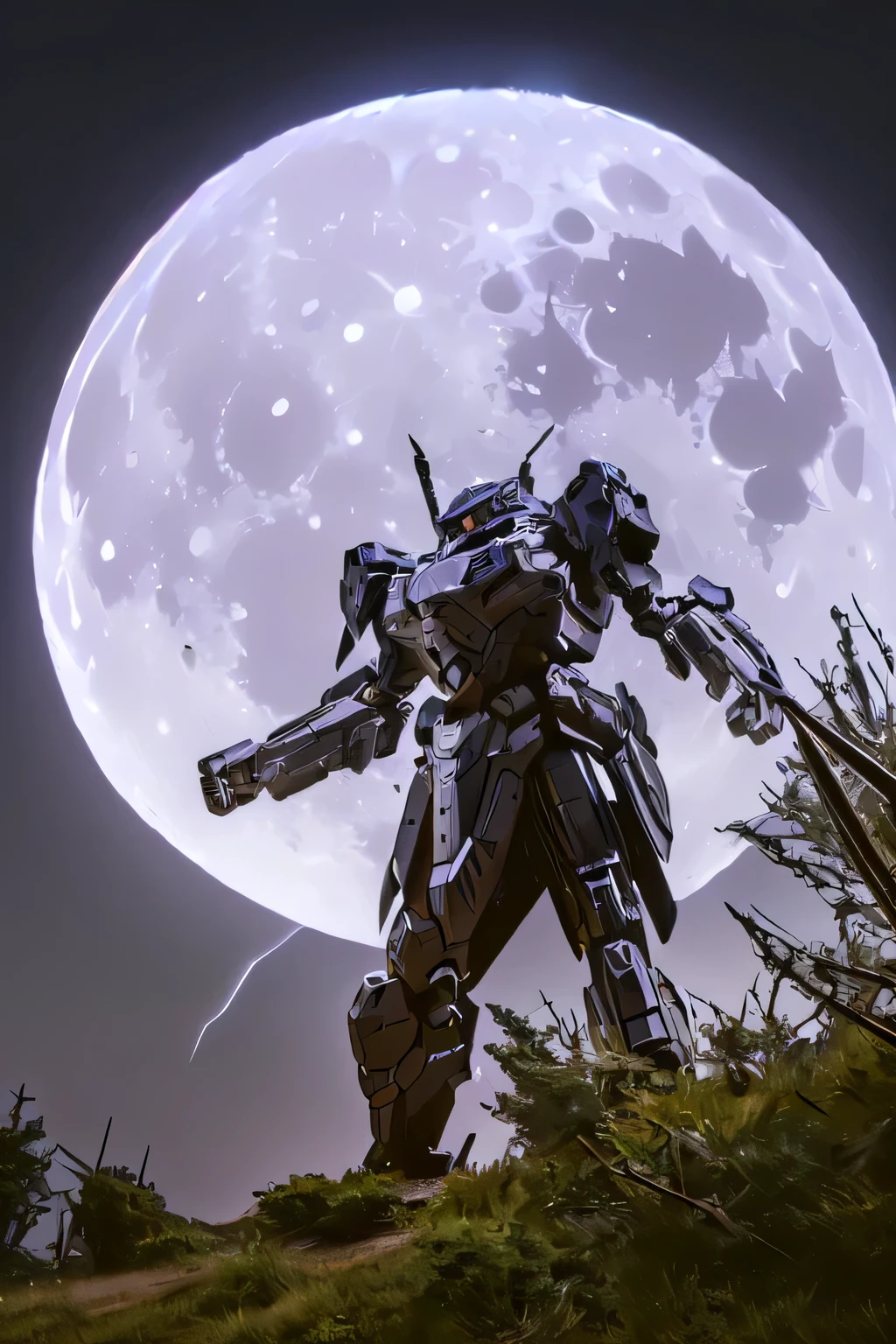 (bright eyes: 1.5), (metal body robot: 1.5), Unreal Engine, ((TOP QUALITY, masterpiece, Ultra Fine, 4K, 8k)), realistic, sci-fi,shining eyes, ( lens flare:0.3), Volume Fog , Male, full face helmet, Nijimecha, (thunder: 1.5), ((Is making intense movements: 1.5)), j43g3r, (He holds a very large electric sword in front of his body: 1.0), (midnight, Big Fullmoon: 1.5), (hurricane), (above view), mk
