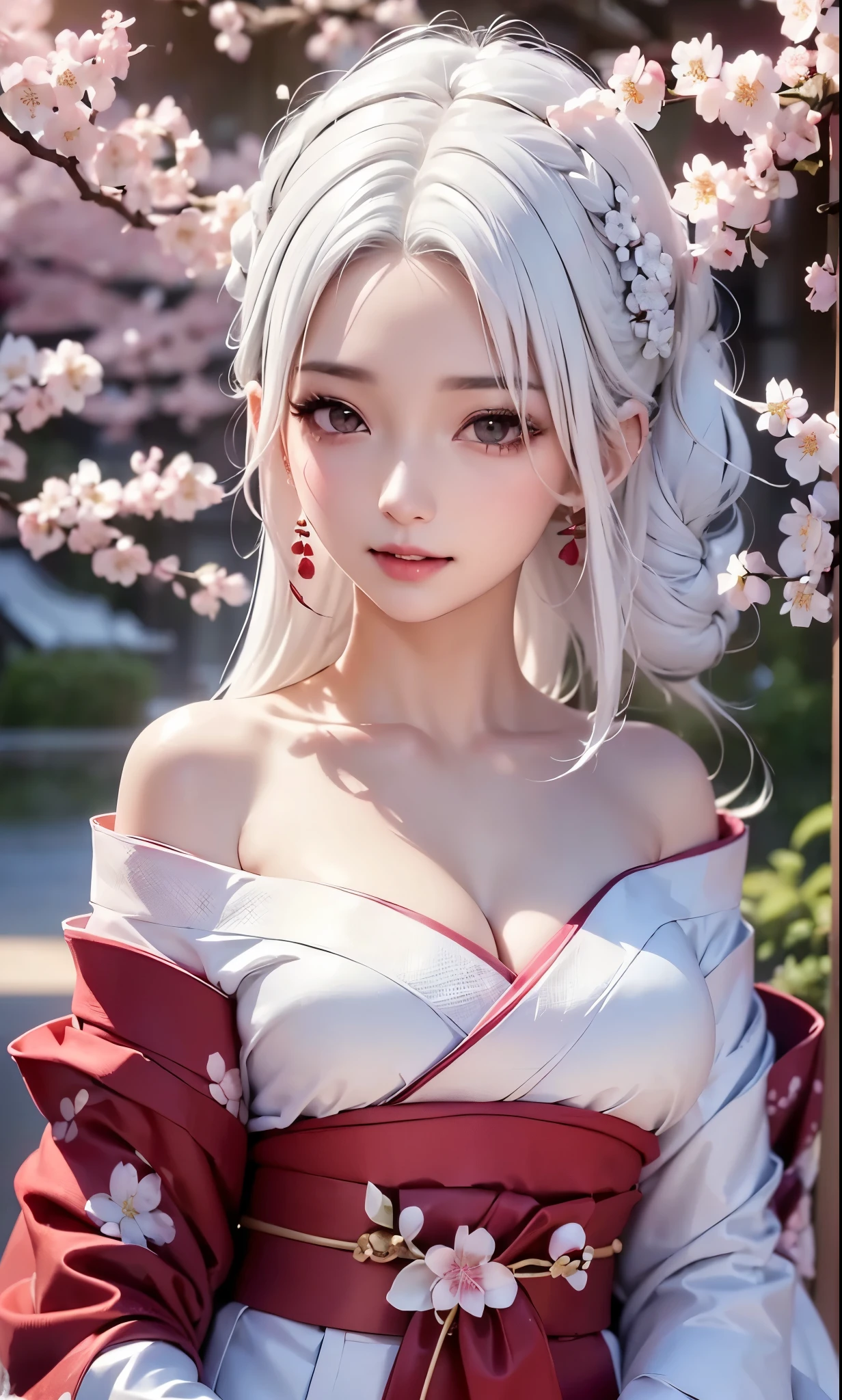 ((Styled white hair:1.5))(Japan kimono with cherry blossom pattern:1.3), Symmetric, (highest quality, Realistic:1.4, RAW Photos:1.2, Cinematic Light, Highly detailed illustration), (1woman:1.3, alone), (Asian Girl, Very delicate face, Super beautiful face, Very delicate eyes, Highly detailed nose, Very sophisticated mouth, Highly detailed facial features), woman, (Medium Bust:1.3), skin, Lip gloss, Laughter, Full Body View, High resolution, High resolution, 8k, Masterpiece 2:1, Skin radiance, Shining skin, Young girl,( Kyoto、Scattering cherry blossoms)、(Off the shoulder, Scapula、Black kimono、Exposing shoulders、Beautiful cleavage)(White Hair、Black kimono、Black sleeves、Black hem、Red belt)(Leaning against a tree):1.5
