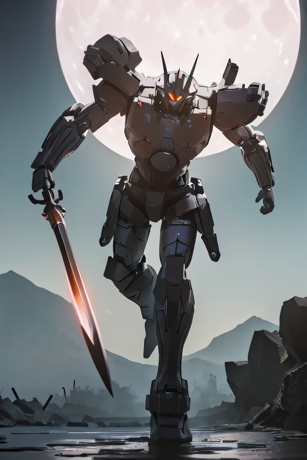 (bright eyes: 1.5), (metal body robot: 1.5), Unreal Engine, ((TOP QUALITY, masterpiece, Ultra Fine, 4K, 8k)), realistic, sci-fi,shining eyes, ( lens flare:0.3), Volume Fog , Male,  full face helmet, Nijimecha, (thunder: 1.5), ((Is making intense movements: 1.5)), j43g3r, (He holds a very large electric sword in front of his body: 1.0), (midnight, Big Fullmoon: 1.5), (hurricane), (above view), mk