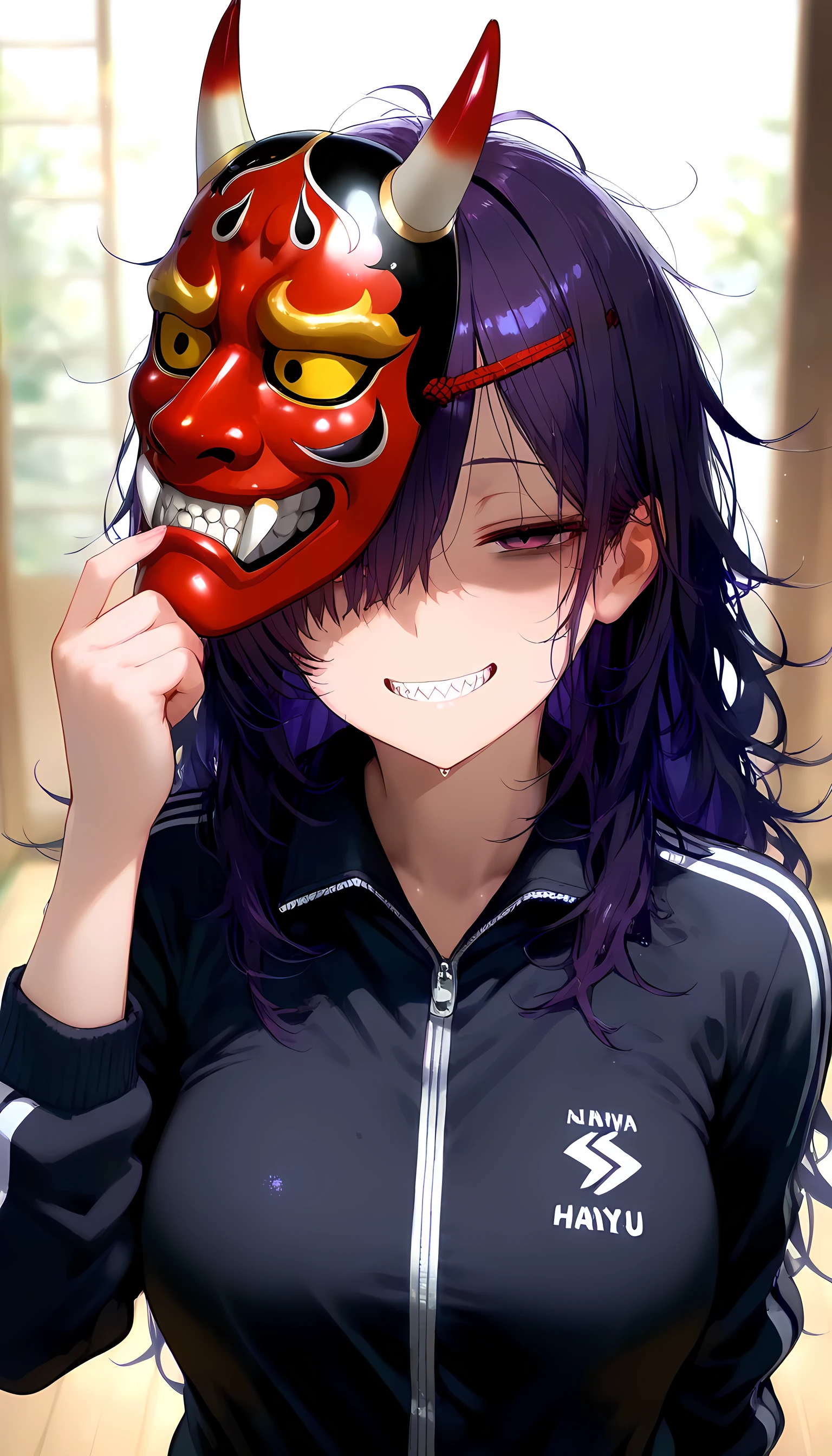 (masterpiece, best quality, amazing quality, very aesthetic, absurdres, newest:1), masterpiece,best quality,amazing quality, 1girl,solo,solo girl,long hair,dark purple hair, ((messy hair)), hair over one eye,bags under eyes , jitome ,half closed eyes,grin ,sharp teeth, shaded face,(hannya mask),medium breasts,(black tracksuit),holding hannya mask,