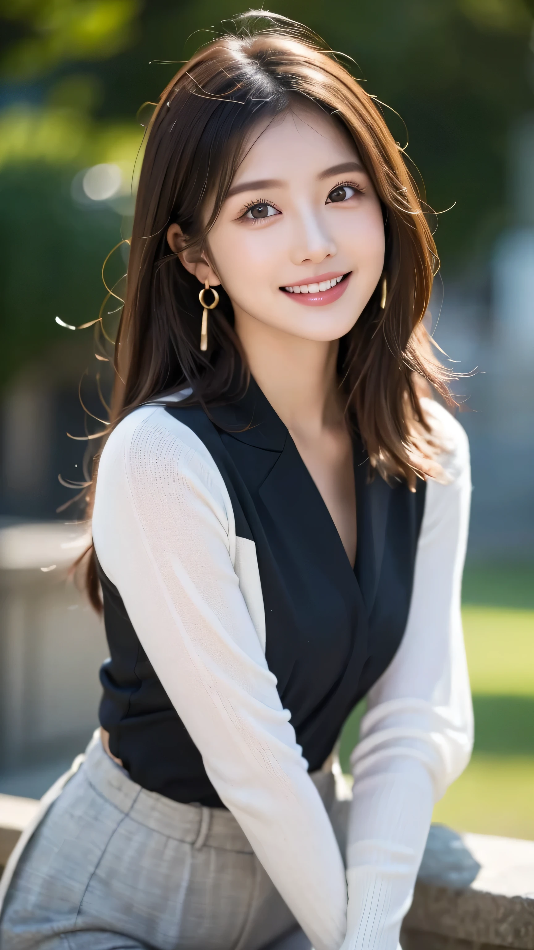 TOP QUALITY,8k, very detailed, in fine detail, high definition, 8K wallpaper, Perfect Dynamic Composition, meticulous eye exposed to lighting, beautiful eyes、looking at the camera、Perfect Dynamic Composition, Big beautiful eyes, beautiful face,Fine hair, realistic skin texture in every detail , Model body type、slender bodyー、A tight, slim waist、full body, well-balanced beautiful face, beautiful face, Realistic and beautiful skin Ultra high resolution, high quality ,slender bodyー、slender body、 thin body、looking at the camera、 super real、very detailedな顔、White teeth、White teeth、 thin body、Full body images、small bust、Small Mouth、Full body images、slender body、 small hips、Beautiful white teeth 、Beautiful white teeth 、earrings、 beautiful brown hair 、Disheveled Hair、 sparkling eyes、 beautiful fingers for cows、 super real、 photography、REAL SKIN TEETH 、Beautiful Japanese woman with dark eyes 、realistic pictures、 kind expression、 black mini dress、 wearing a black jacket 、