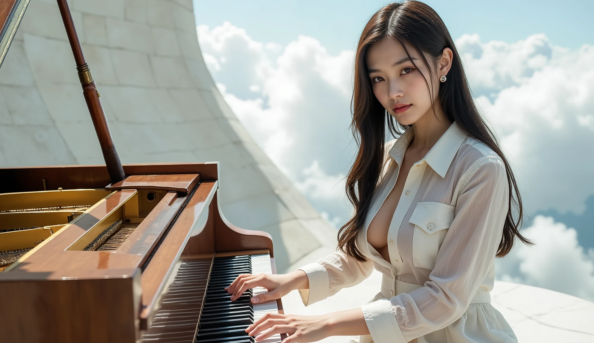 artistic photography ,Panoramic lens, High Angle Shot ,Character close-up of a 20 year old Japanese beauty。Look at the piano keyboard,Focus on playing the piano,A very large piano。 slender calves , huge breasts,Clear cleavage long hair ,Five slender fingers,transparent white button shirt, skirt。 Ultra HD、 high image quality 、 realistic style ,The background is a fantastic island floating above the sky,Surrounded by an endless sea of clouds,A golden carved piano is placed in the center of a platform made of white marble。