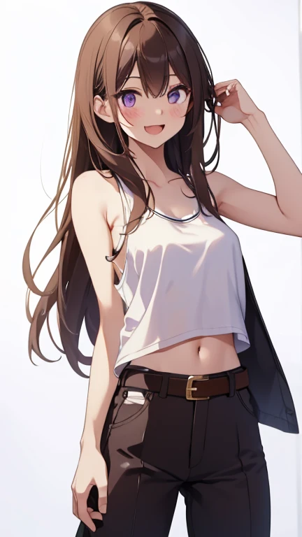 masterpiece, highest quality, High resolution,Anime Style、Brown Hair、Long Hair、female、Tank top、Shorts、See-through