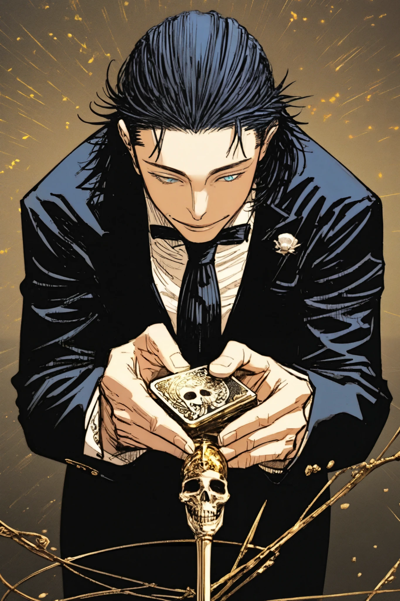 appearance: An elegant-looking and charismatic man, dressed in a midnight blue suit with gold details. His hair is white as bone, brushed backwards with a sophisticated air. His eyes are faint red, like dying embers, and his smile is always calm, as if he already knew the result of each bet before it happens. He wears a cane with an ivory skull on the tip y, in your hands, There is always a deck of cards or a casino chip that spins masterfully between your fingers.
