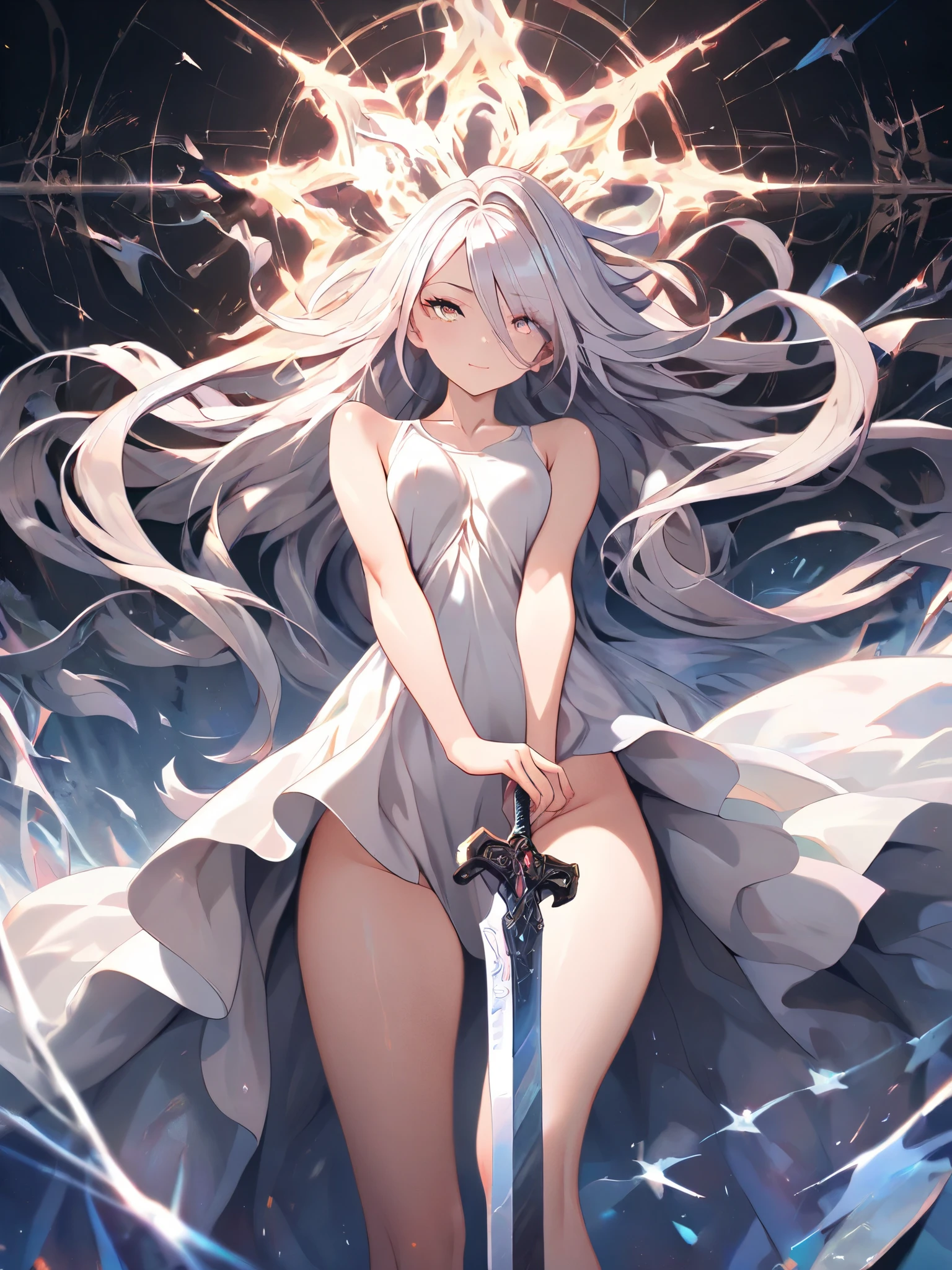 ((best quality)), ((masterpiece)), (detailed), 1girl, Character design, female, dynamic poses, long white grey hair, grey white eyes, very skinny, detailed, best quality, no accesoires around the neck, no shoes, prominent collarbones, skinny arms, flat stomach, visible hip bones, full body, blank white background, plain background, white background, red and white clothing, Bloodborne inspired, occult aesthetic, occult, detailed and intricate steampunk and detailed gothic, NSFW, Very dramatic and cinematic lighting, cosmic horror, grim-dark, side-lighting, perfect face, NSFW, Fluttering lace flared long knee length dress with frilly petticoats, knee length dress, pleated petticoats, petticoats gothic, complex lace boots, side-lighting, gothic aesthetic, wielding a mighty sword with mechanical components, mandalas, small breasts, a fairy, various different types of insect wings, NSFW, full body, whole body, body, plain background, white background, blank background, no background, white background NSFW, chains, full body, whole body, head-to-toe NSFW