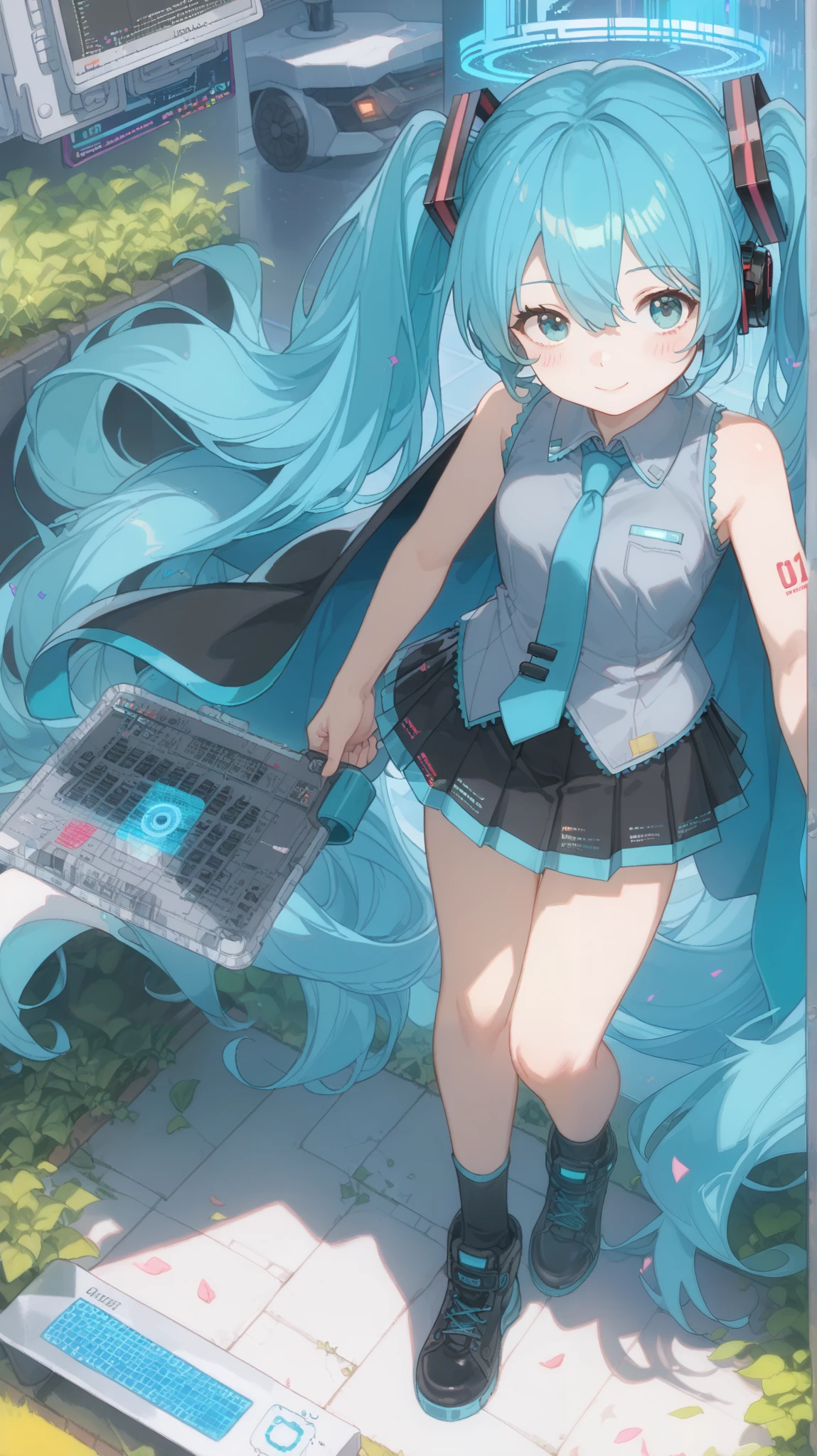 1 girl, Alone,   Hatsune Miku,   Aqua Eyes, Light Blue Hair,  side bangs ,  hair between eyes, hair ornaments close to the garden,  headphones ,  long hair, twin tail, aqua  tie, Black footwear, black  skirt, black sleeve,  Bbo~, collared  shirt, detachable sleeves, grey  shirt,  tie, pleated  skirt,  shirt,  skirt, sleeveless, sleeveless  shirt, thigh  Bbo~,  tieピン, Strong light, hologram, disappear, number of shapes 々, Cape,  Many Displays , Streaks of light, Glitch, full body, ( masterpiece:1.2),  super precise, TOP QUALITY,,  binary code  and  digital art , binary code ,  digital art , Only zeros and ones,, Hacking Techniques, SF, cyberpunk,  data stream, pixelated