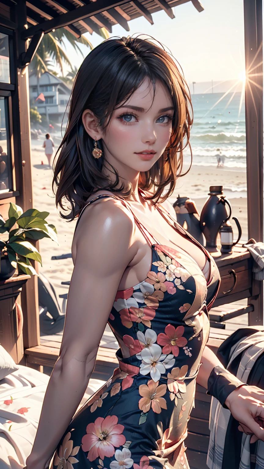 (masterpiece:1.2), (highest quality:1.3), shallow_sunset, One girl, Are standing, cowboy_shot, straw_Have, Swimwear, dress, Shorts, flower, Starfish,