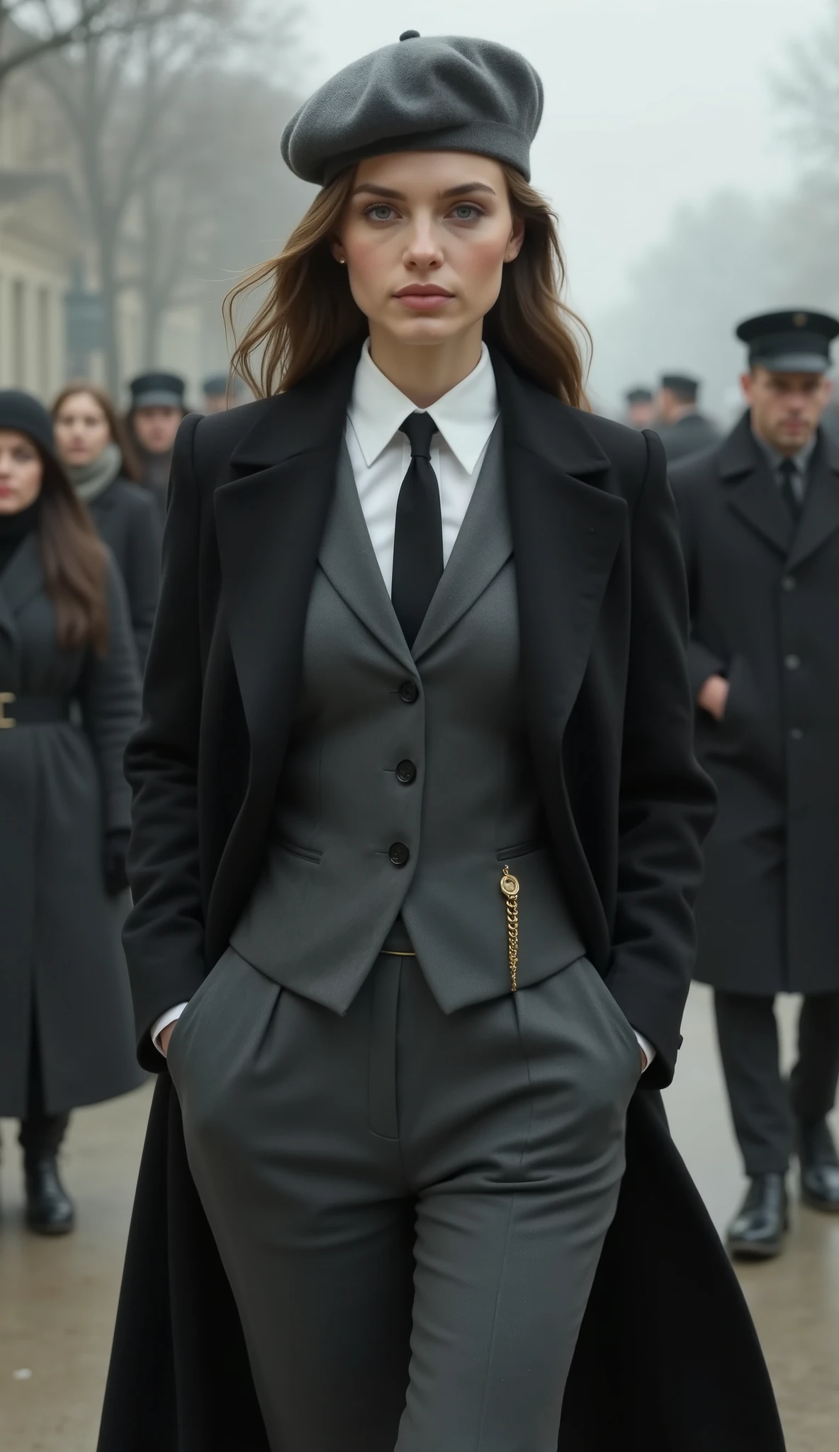 An elegant and imposing woman walks in a period setting, wearing an outfit inspired by the classic style of the 1920s. Her dark gray wool suit has a refined cut, consisting of a fitted waistcoat and slim-fit dress pants, fitted to her body, highlighting her silhouette. She wears a long black wool overcoat with a structured collar, which remains open, fluttering slightly as she walks.
Under the waistcoat, she wears a neatly pressed white shirt with a stiff collar and a thin black tie, completing her sophisticated look. On the waistcoat, there is a gold pocket watch chain attached to the side pocket, adding a touch of class.
On her head, she wears a gray wool beret slightly tilted, covering part of her well-combed hair. Her gaze is serious and determined, conveying authority and mystery.
The camera captures the scene from a medium and frontal angle, focusing on her dominant presence as she walks with one hand in her pocket and the other slightly loose at her side. The background shows a group of people dressed in 1920s clothing, some wearing berets and heavy coats, suggesting a clandestine business setting or strategic meeting. The weather is cold and overcast, with a light mist adding a dramatic touch to the scene.