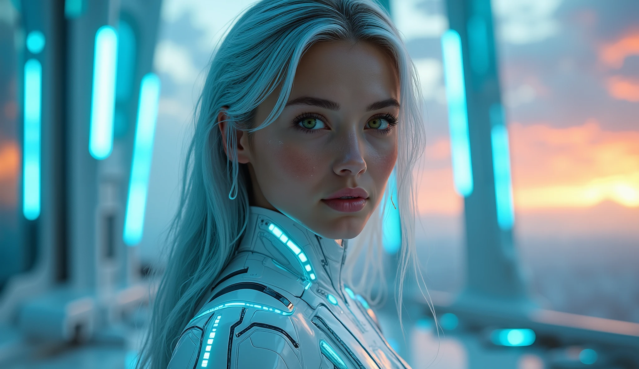 Arafed woman in futuristic suit with glowing eyes and blue hair - SeaArt AI
