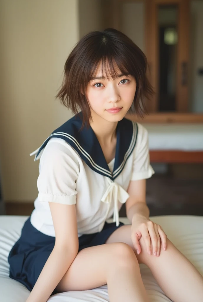 8K drive rendering, 16 years old, , pores, Detailed and intricate iris, very very dark lighting, heavy shadow, detailed face,、 realistic style、Big breasts that are about to burst、sweaty、profuse sweating、sweating profusely、realistic skin texture、wet skin、Whitening、oily and shiny skin、born々nice atmosphere、Moist eyes、confused look、very realistic texture、obscene、Japanese room with dark lighting、very dark Japanese room、sleeping on his back on a disheveled futon、thighs、black hair、bob cut、A long-sleeved, navy blue sailor suit designated by Japanese schools.、Dark blue skirt、Pure white panties made of cotton material、Panty shot、Cute loli face、squatting with knees raised、legs open、barefoot、M-shaped legs spread、white garter stockings