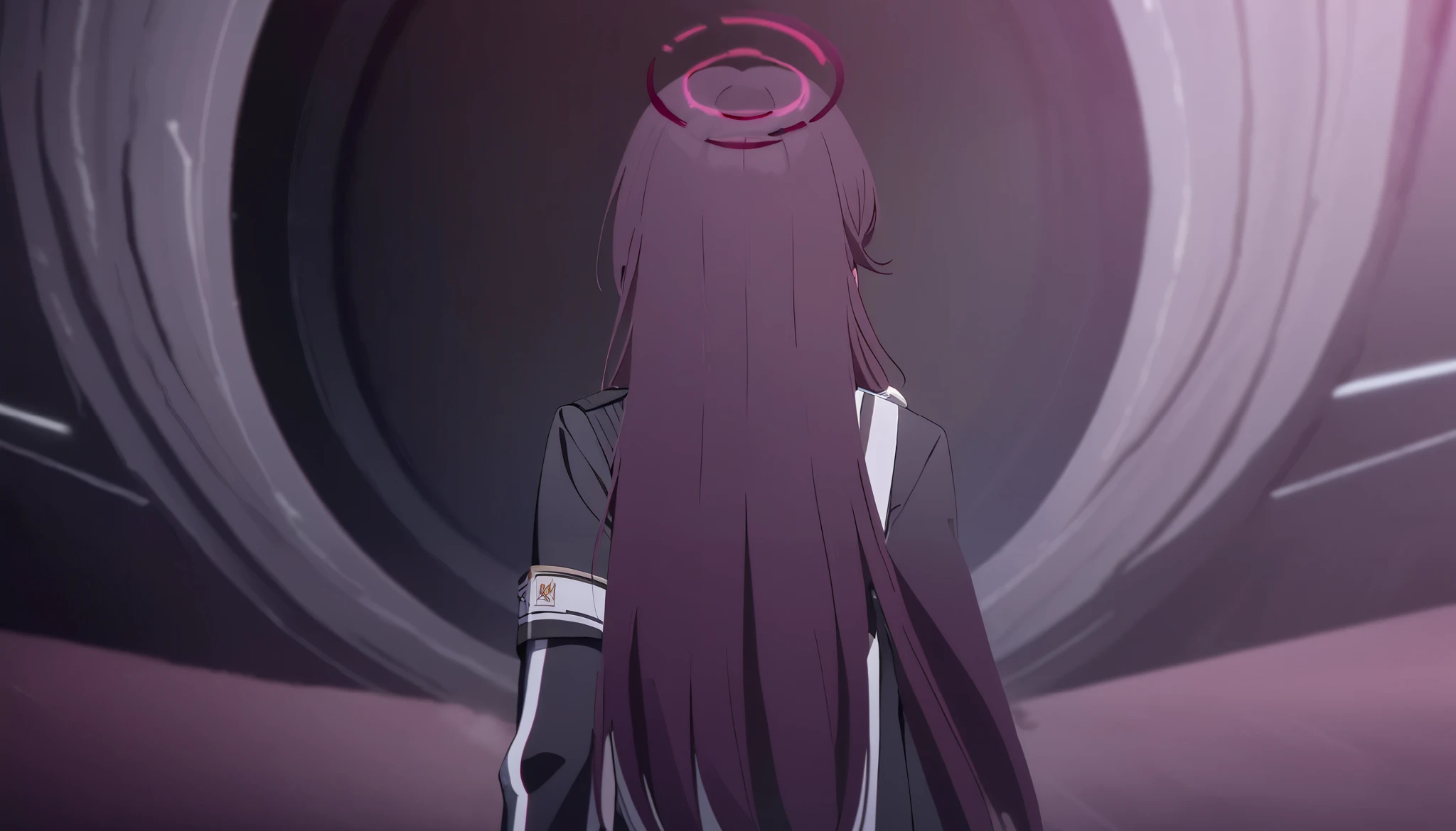 masterpiece, best quality, solo, 1girl, mature, dark magenta hair, long hair, red eye, dark magenta halo, medium breast, black uniform, standing, looking at viewer from behind, calm, reserved, serious, warp hole,  void space