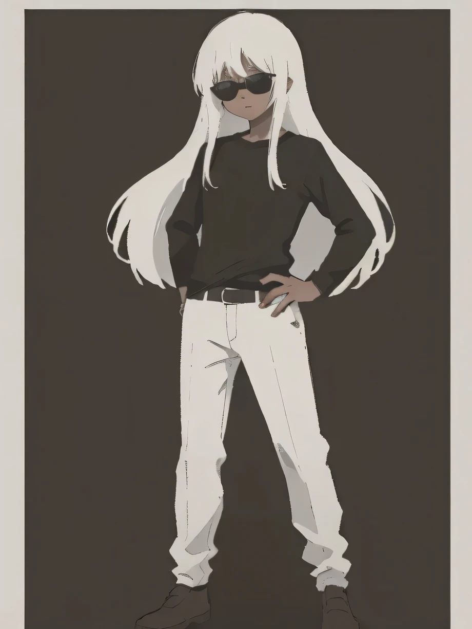 1 gentleman, 50 year old man, clear detailed outline, lean body, brown skin, front view, white long hair, green eyes, black Y-shirt, white pants, full body, black sunglasses, anime style, (best quality,4k,8k,highres,masterpiece:1.2),ultra-detailed,(realistic,photorealistic,photo-realistic:1.37),cinematic lighting,vibrant colors,highly detailed