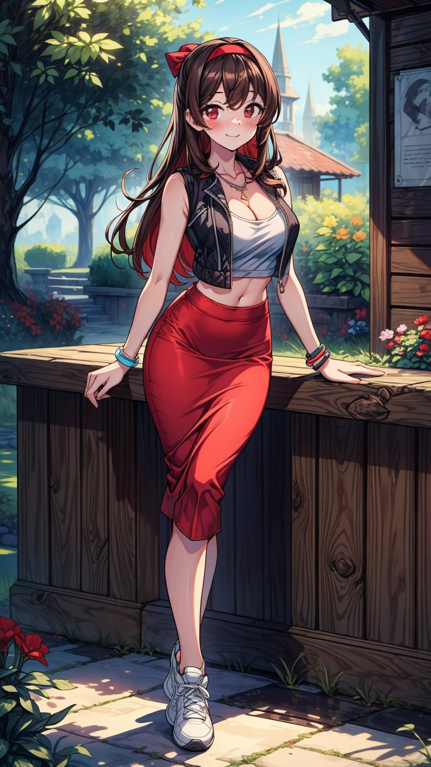 ((masterpiece, best quality:1.3, high detail)), beautiful woman posing, smile, long straight hair, (dark brown hair), hairpin, light blush, (vest), (long red pencil (skirt)), , midriff, navel, black hairband, necklace, bracelets, collarbone, sneakers, outdoors, garden,