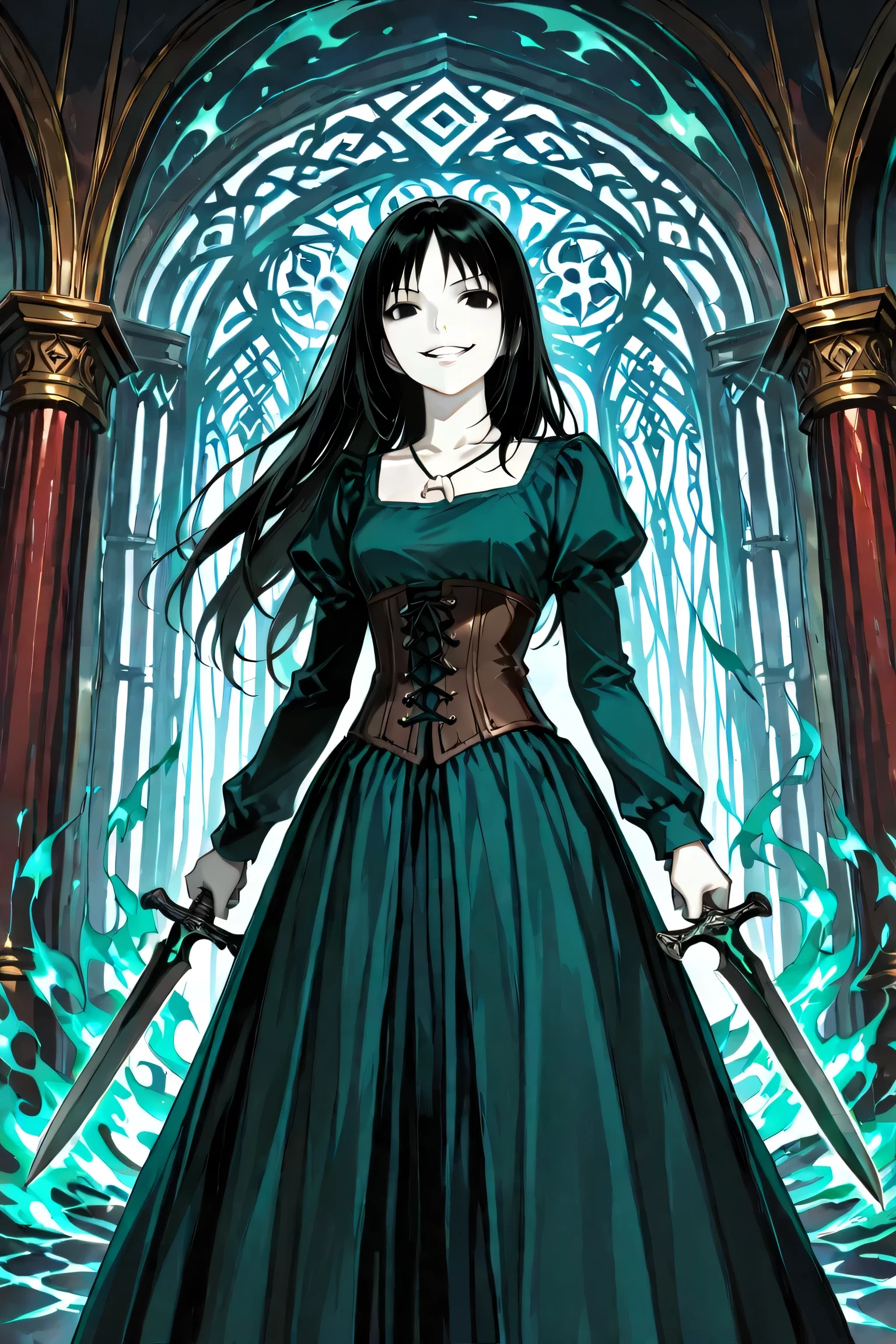 woman, solo, female, pale skin, black hair, black eyes, wearing a tan corset, dark green dress, long sleeves, animal bone necklace, wielding a black dagger evil grin, summoning green flames, standing in dimly lit foyer, fantasy art,