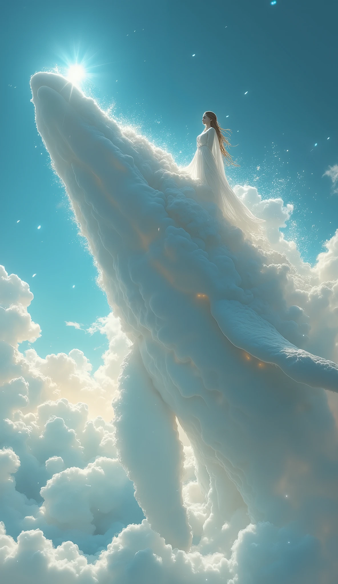 There is one cloud in the shape of a giant whale floating in the sky、 Sunny、 twinkle、Elf woman riding on the back of a giant whale cloud