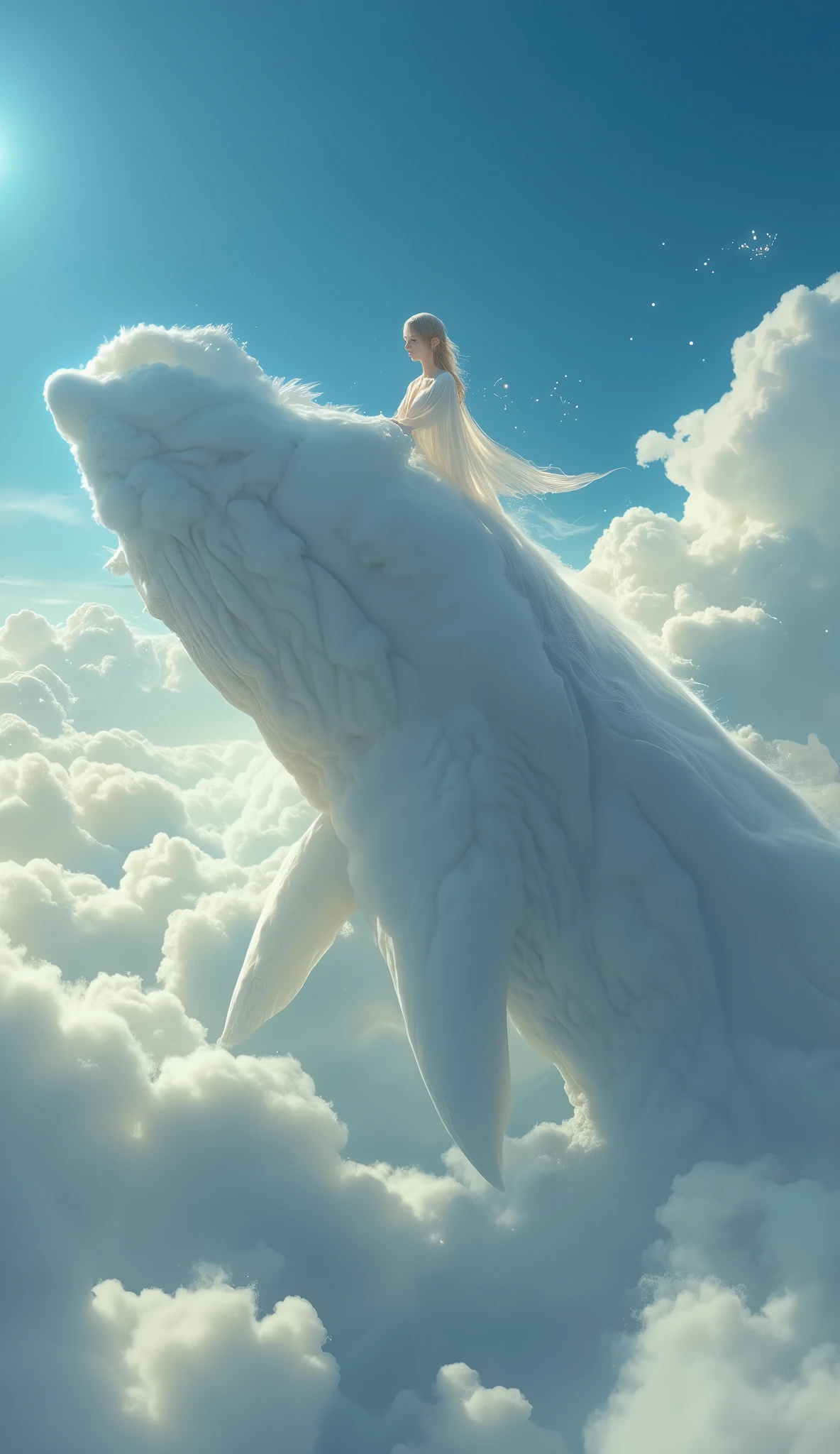 There is one cloud in the shape of a giant whale floating in the sky、 Sunny、 twinkle、Elf woman riding on the back of a giant whale cloud