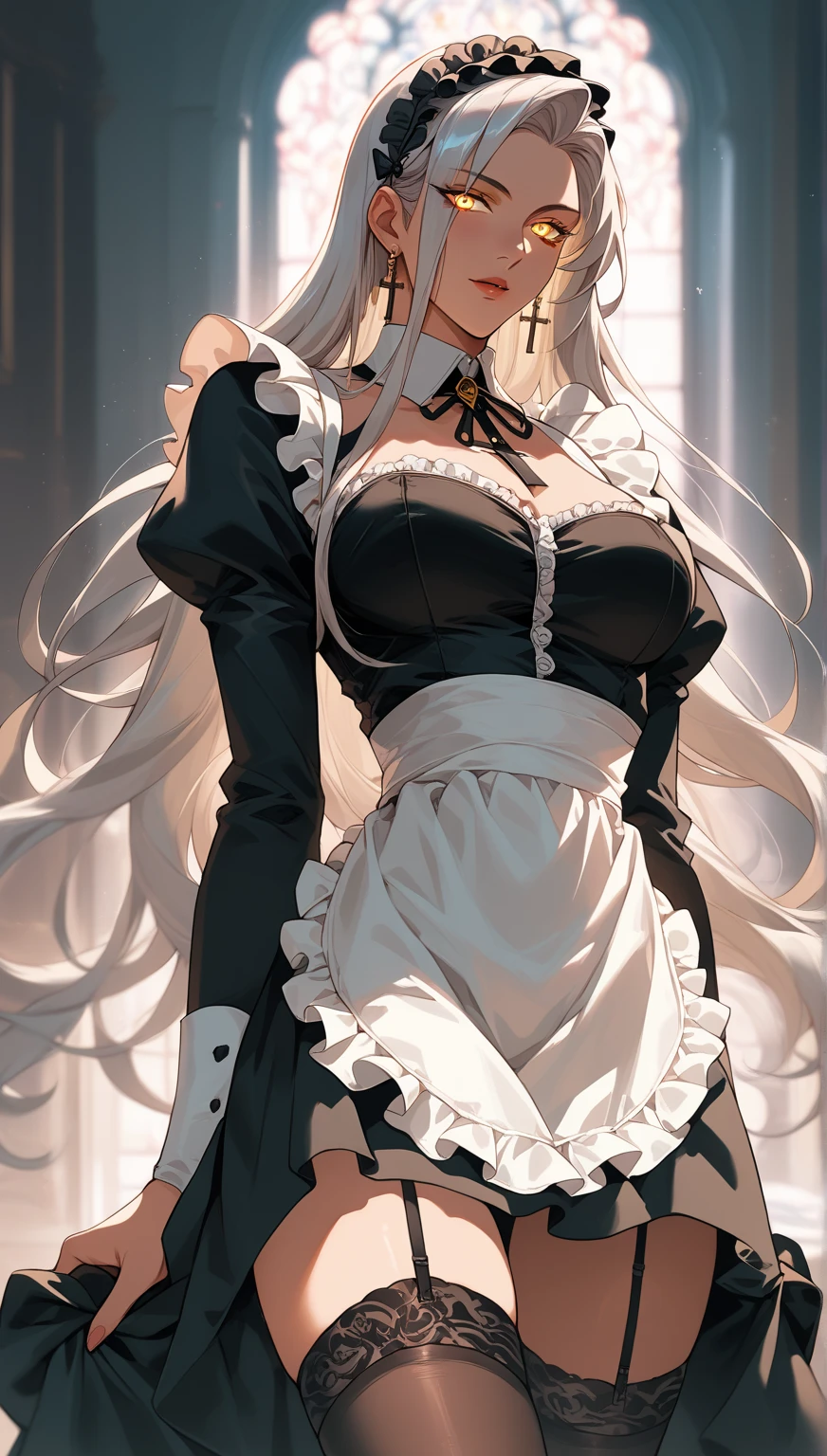 ((highest quality)),(ultra high resolution),(Super detailed),(detailed description),((best CG)),(best work of art),super precision art, great drawing art,(Art with precise details:1.5), ( simple black form-fitting maid uniform with a white apron and sheer pantyhose 1 teenage girl:1.5), beautiful and well-shaped face:1.5,(Beautiful skin with precise and detailed depiction:1.6),(:1.5),provocative angle:1.6,gorgeous, beautiful young teenage girl, 18 years old, luminous snow white hair, enchanting golden colored eyes, tiger ears, white striped tiger tail, tall height (190cm), slim thick body type with mouth-watering curves