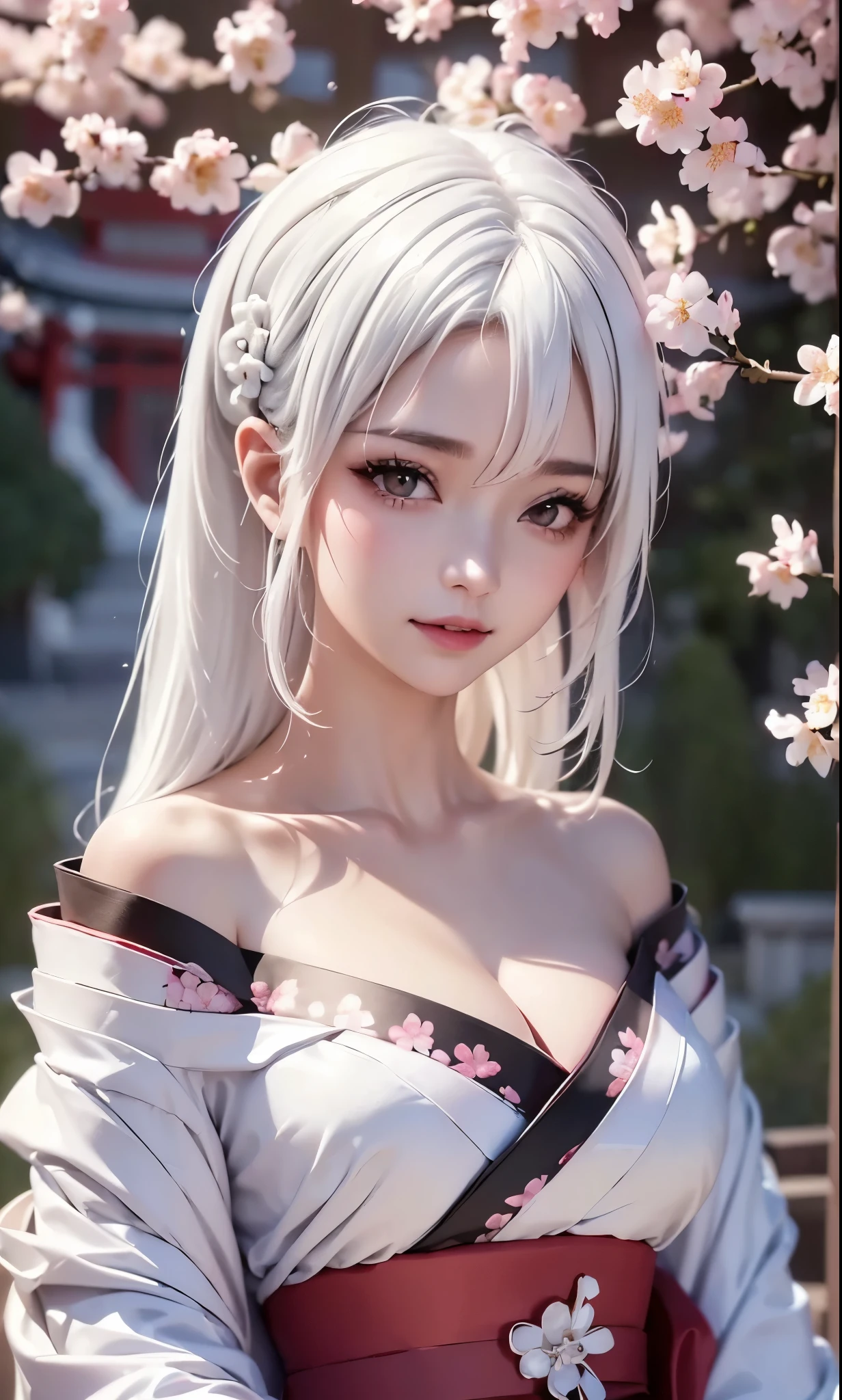 ((Styled white hair:1.5))(Japan kimono with cherry blossom pattern:1.3), Symmetric, (highest quality, Realistic:1.4, RAW Photos:1.2, Cinematic Light, Highly detailed illustration), (1woman:1.3, alone), (Asian Girl, Very delicate face, Super beautiful face, Very delicate eyes, Highly detailed nose, Very sophisticated mouth, Highly detailed facial features), woman, (Medium Bust:1.3), skin, Lip gloss, Laughter, Full Body View, High resolution, High resolution, 8k, Masterpiece 2:1, Skin radiance, Shining skin, Young girl,( Kyoto、Scattering cherry blossoms)、(Off the shoulder, Scapula、Black kimono、Exposing shoulders、Beautiful cleavage)(White Hair、Black kimono、Black sleeves、Black hem、Red belt)(Leaning against a tree):1.5