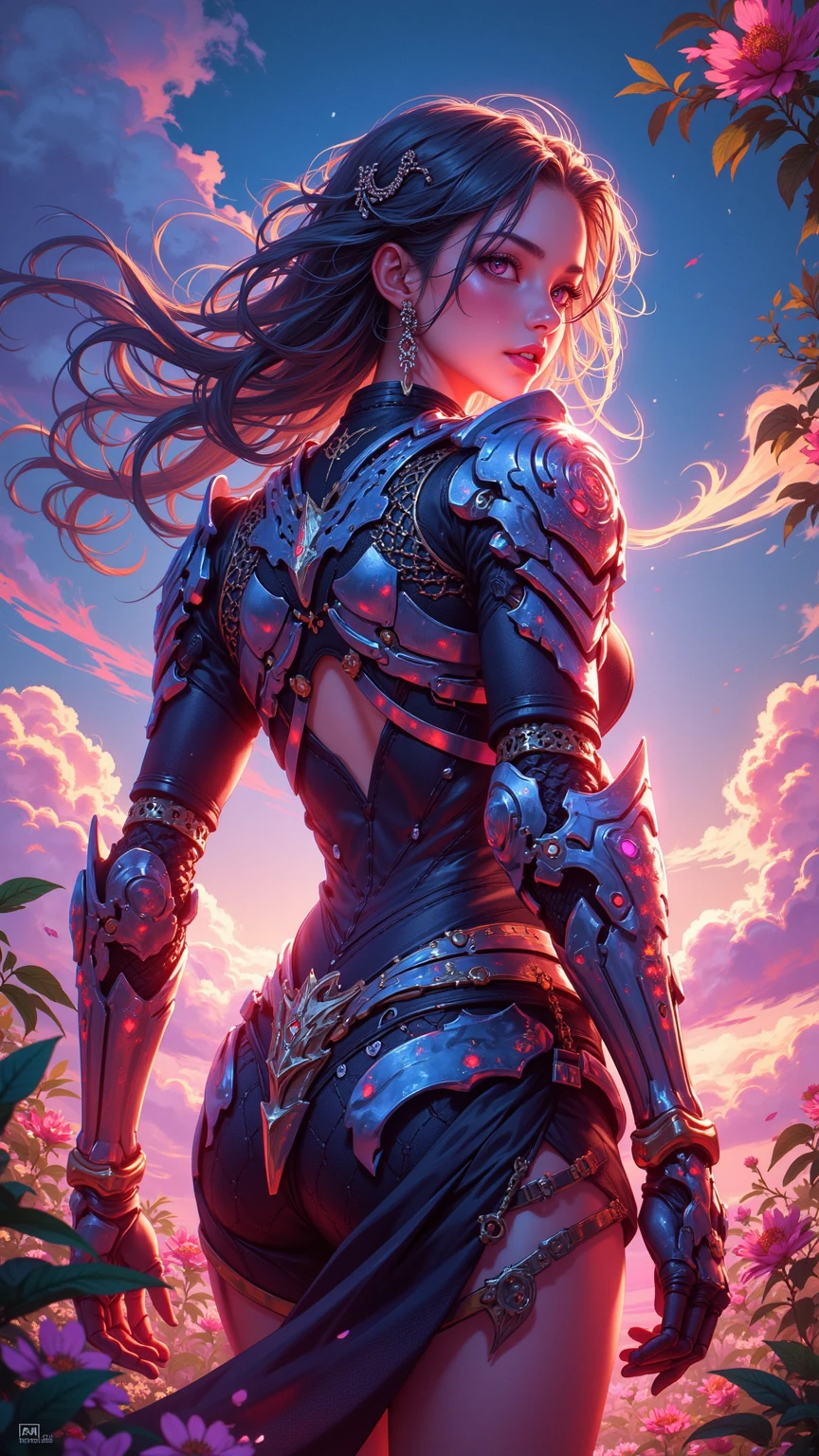  A young Japanese woman , warrior, Combat Stance, wielding a sword,  very detailedな, realisti,seductive smile,  Brilliant Appearance ,, Creative Action,  extremely detailed, Imaginative,  sensual, spontaneous ,  top quality ,  skin texture, (((straight hair:1.3))), (orange hair), (garnet eyes) ,  toned body, huge breasts,(big breasts), Big Breasts,   plump thighs, Gerbera pattern ,(lather samurai orange armor knight), Wear an orange cloak with a gerbera flower pattern , ruffled skirt,  Orange shin guard with gerbera flower engraved on it , Black high-leg underwear , Orange tights,  absolute domain,  Intricate Details , ((( Mount Fuji and sunrise))), (Gerberas in full bloom ),( large gerberas in full bloom on the front ), (confetti),  RAW photos , 8k, masterpiece,  top quality , Ultra Details, very detailed,  Intricate Details , high definition ,超 Intricate Details, very detailed 8k cg wallpaper,