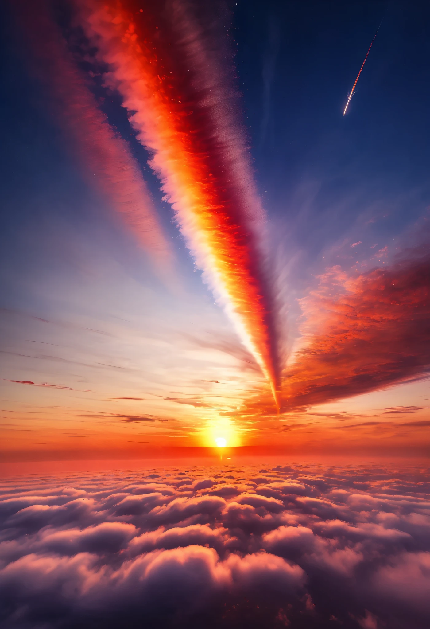 (a single contrail illuminated by the sunset, huge sunset, red, orange), ((highly detailed)), ((sharp focus)), ((vivid colors)), ((soft lighting)), ((cinematic composition)), (various iridescent foggy glitter effects), ((extremely delicate depiction, extremely clear image, bold and dynamic, contrasts of light and shadow, 2.5D, artistic photography, hyper realistic, ultra detailed, absolutely resolution, masterpiece))