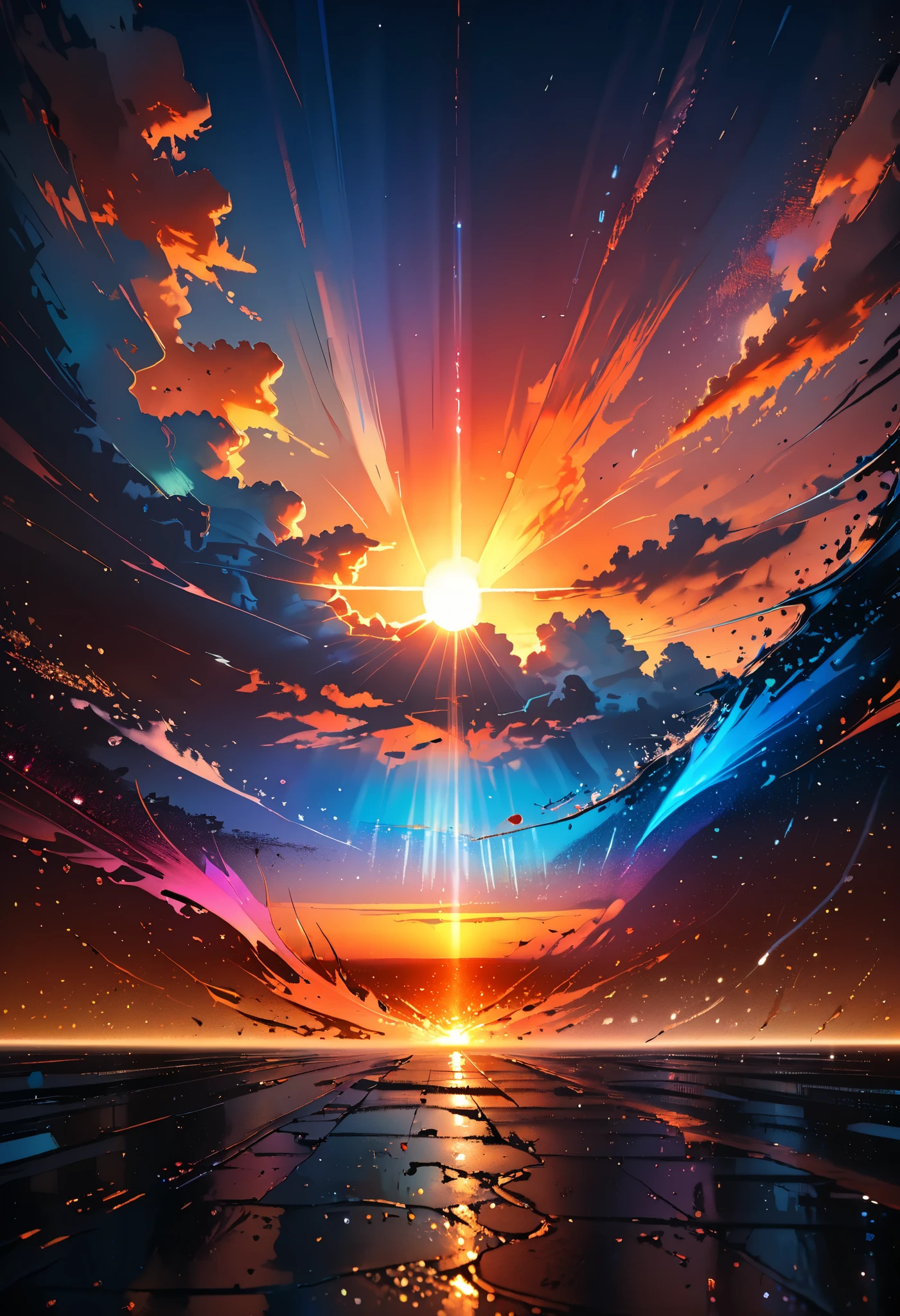 (a single contrail illuminated by the sunset, huge sunset, red, orange), (a clear sky with no clouds), ((highly detailed)), ((sharp focus)), ((vivid colors)), ((soft lighting)), ((cinematic composition)), (various iridescent glitter effects), ((extremely delicate depiction, extremely clear image, bold and dynamic, contrasts of light and shadow, 2.5D, artistic photography, hyper realistic, ultra detailed, absolutely resolution, masterpiece))