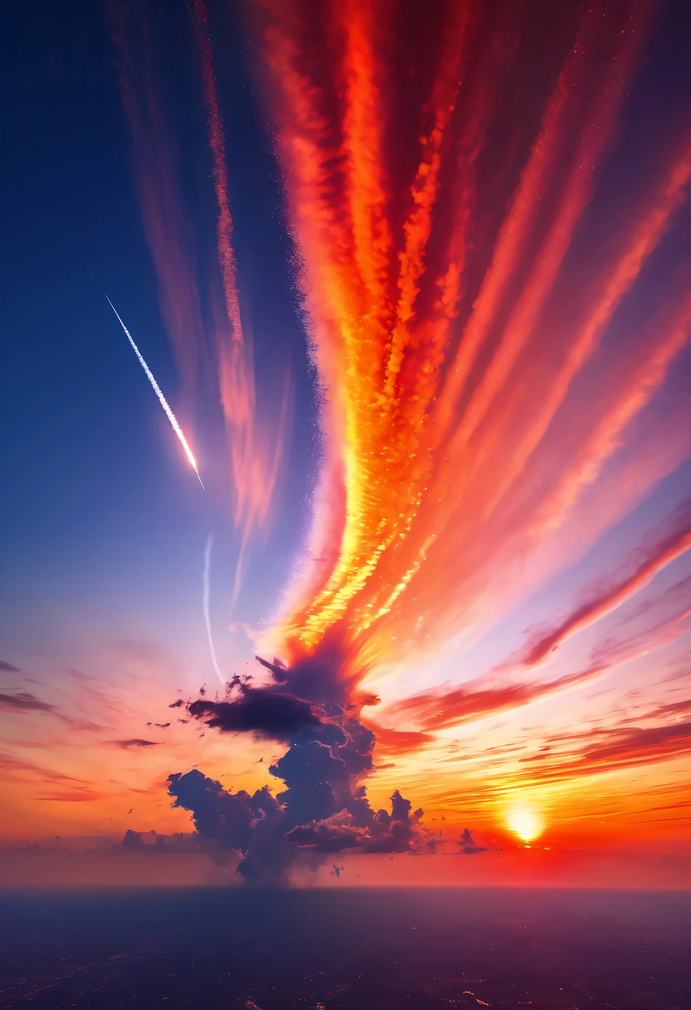 (a single contrail illuminated by the sunset, huge sunset, red, orange), (a clear sky with no clouds), ((highly detailed)), ((sharp focus)), ((vivid colors)), ((soft lighting)), ((cinematic composition)), (various iridescent glitter effects), ((extremely delicate depiction, extremely clear image, bold and dynamic, contrasts of light and shadow, 2.5D, artistic photography, hyper realistic, ultra detailed, absolutely resolution, masterpiece))