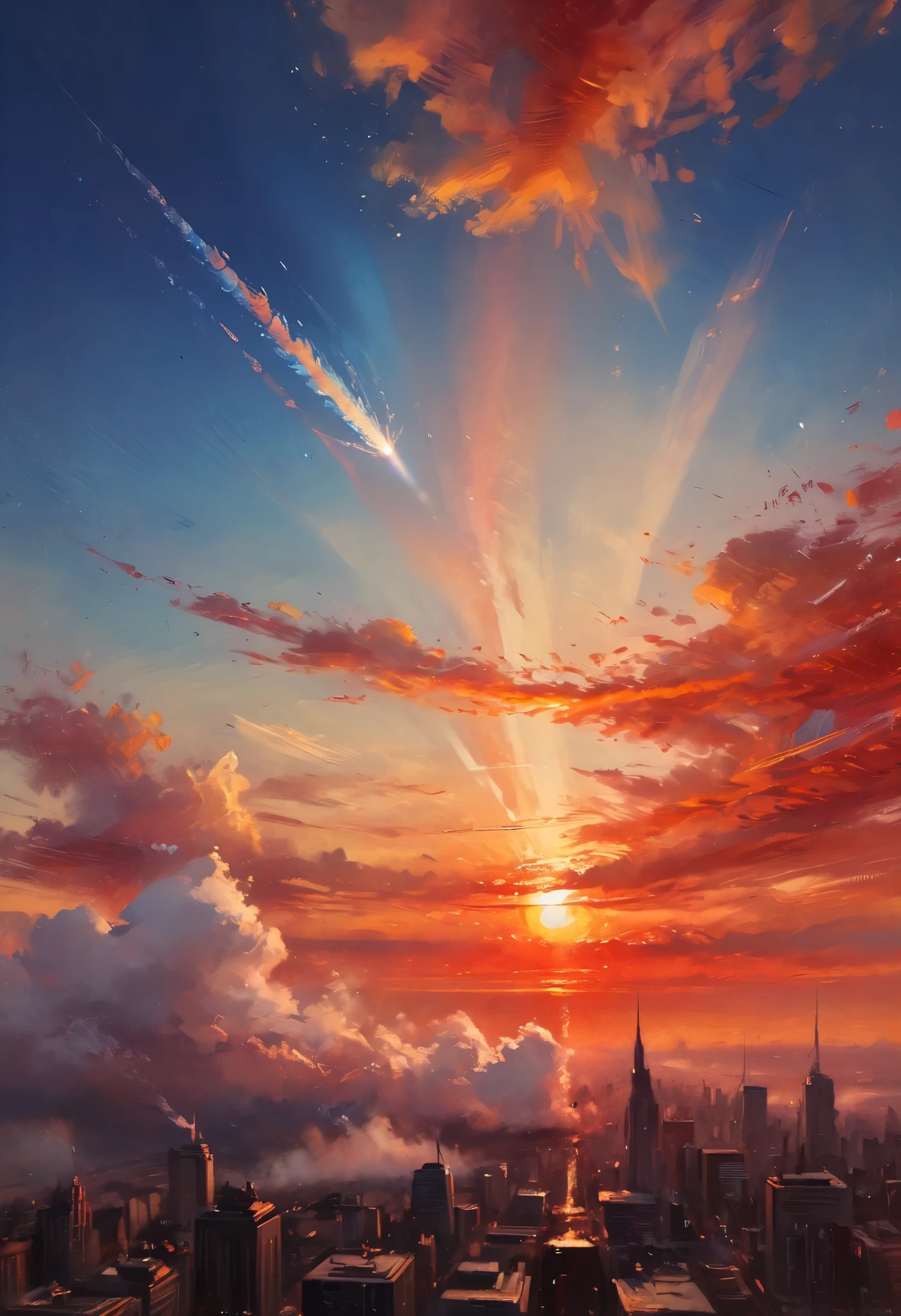 (a single contrail illuminated by the sunset, huge sunset, red, orange), (a clear sky with no clouds), ((highly detailed)), ((sharp focus)), ((vivid colors)), ((soft lighting)), ((cinematic composition)), (various iridescent glitter effects), ((extremely delicate depiction, extremely clear image, bold and dynamic, contrasts of light and shadow, 2.5D, artistic photography, hyper realistic, ultra detailed, absolutely resolution, masterpiece))